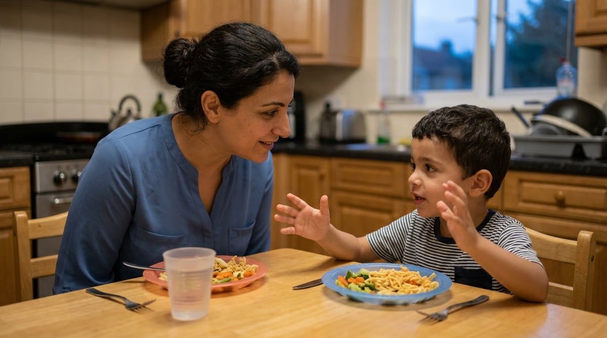 A boy of about four telling his mother something during dinner, both sitting at the kitchen table, natural photograph