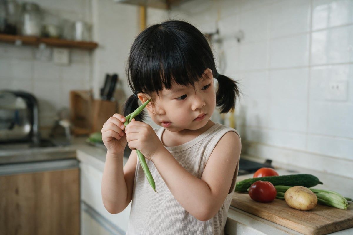 A girl of about four bending a green bean next to her ear to hear the sound it makes