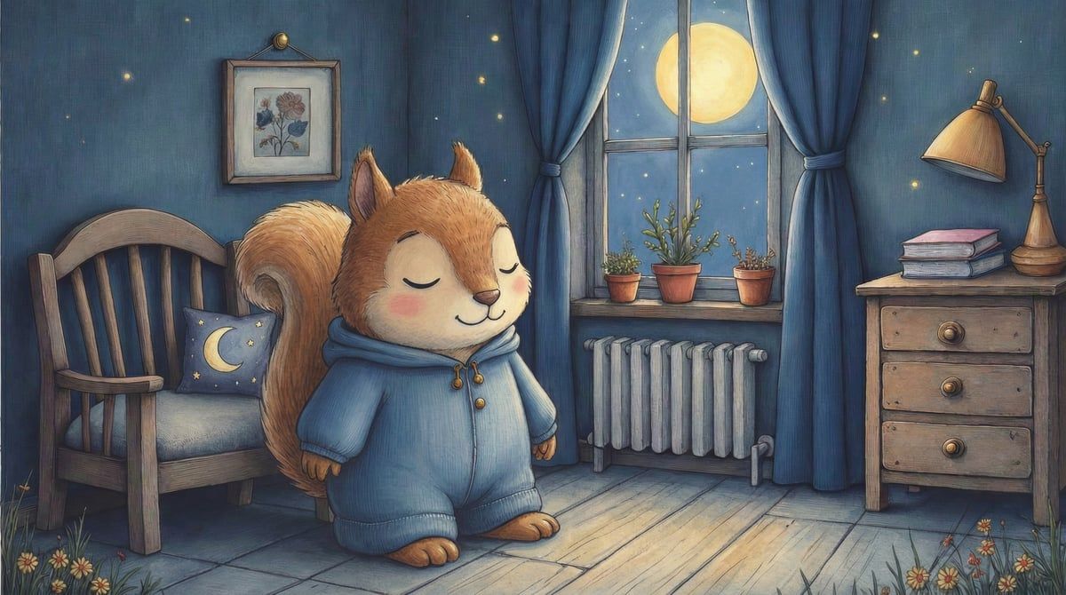 Niño despidiéndose de los juguetes antes de dormir como parte de un ritual nocturno, ilustración acuarela