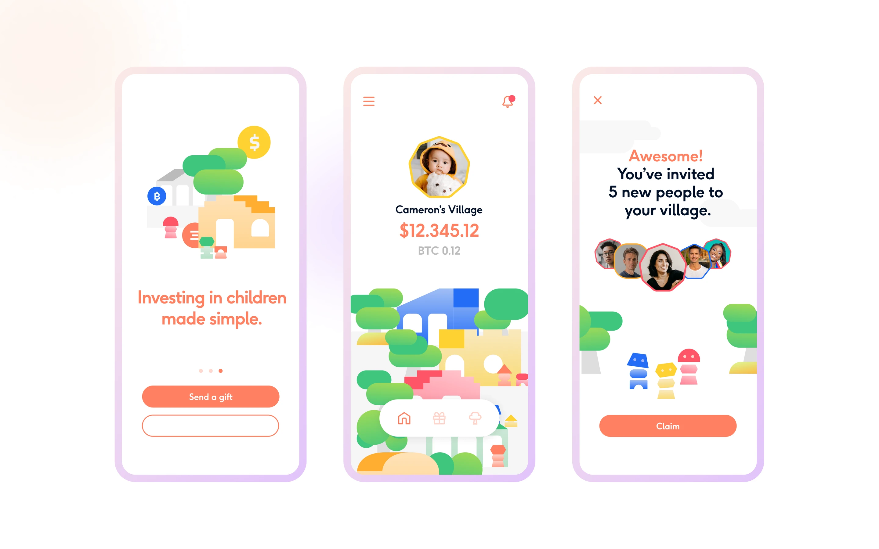 Village app screens: your village, wallet and invitations