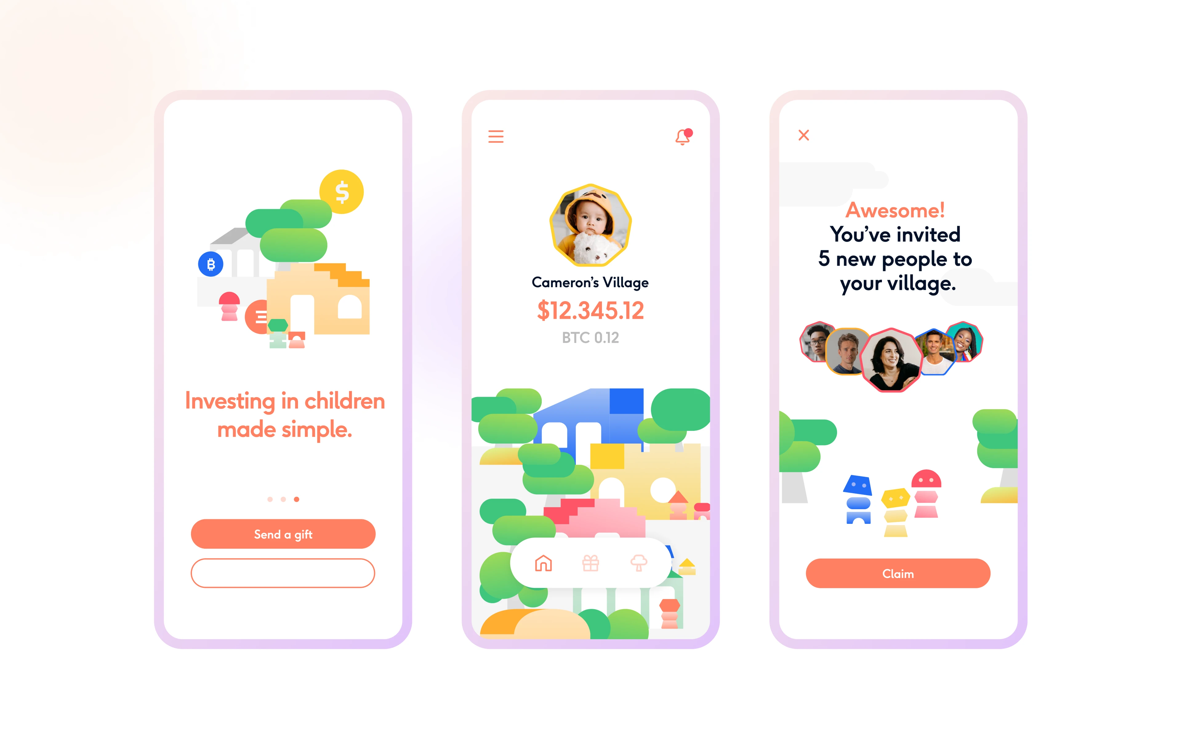 Village app screens: your village, wallet and invitations