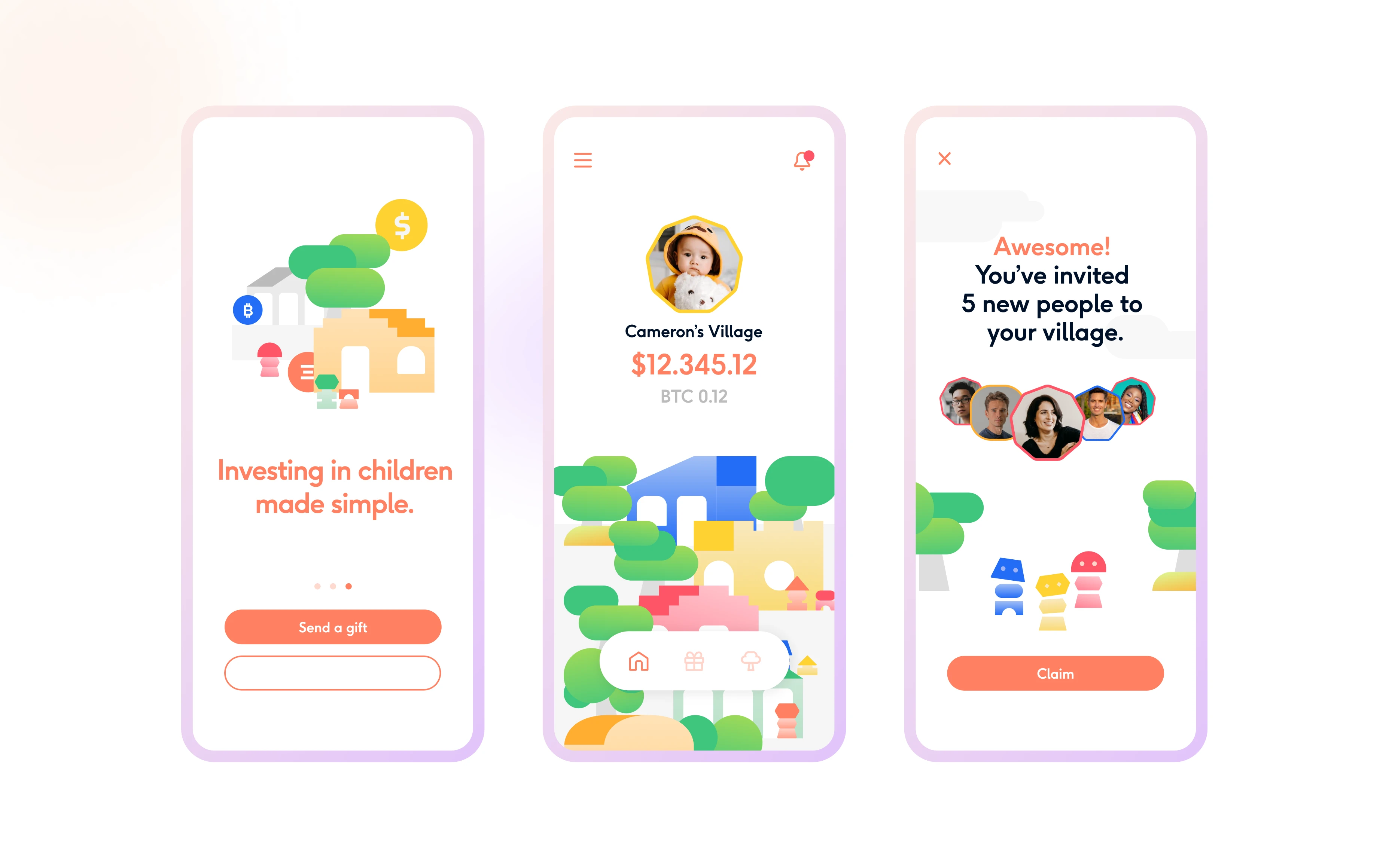Village app screens: your village, wallet and invitations