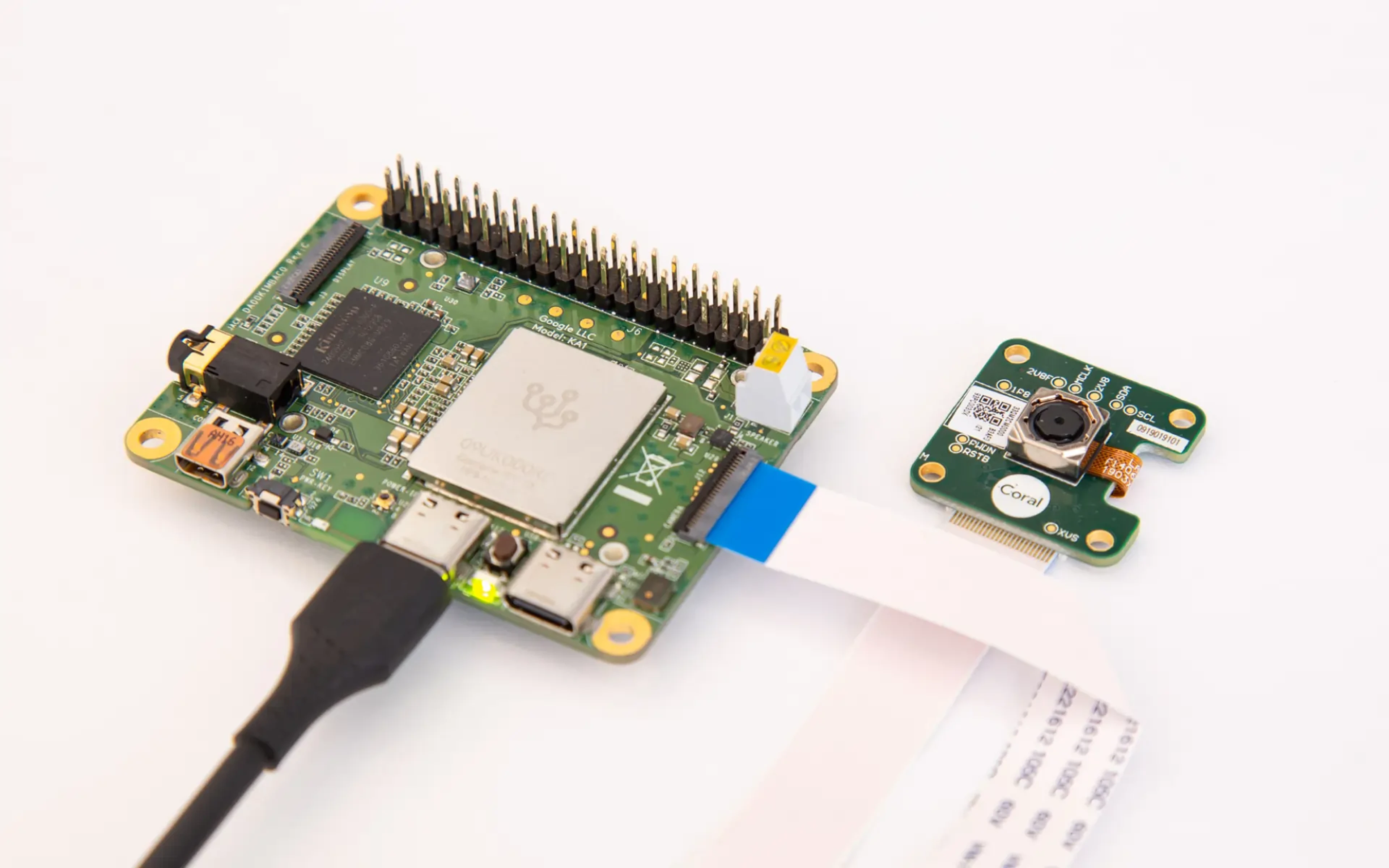 Google Coral development board and camera module inside the Ash AI Pokedex prototype