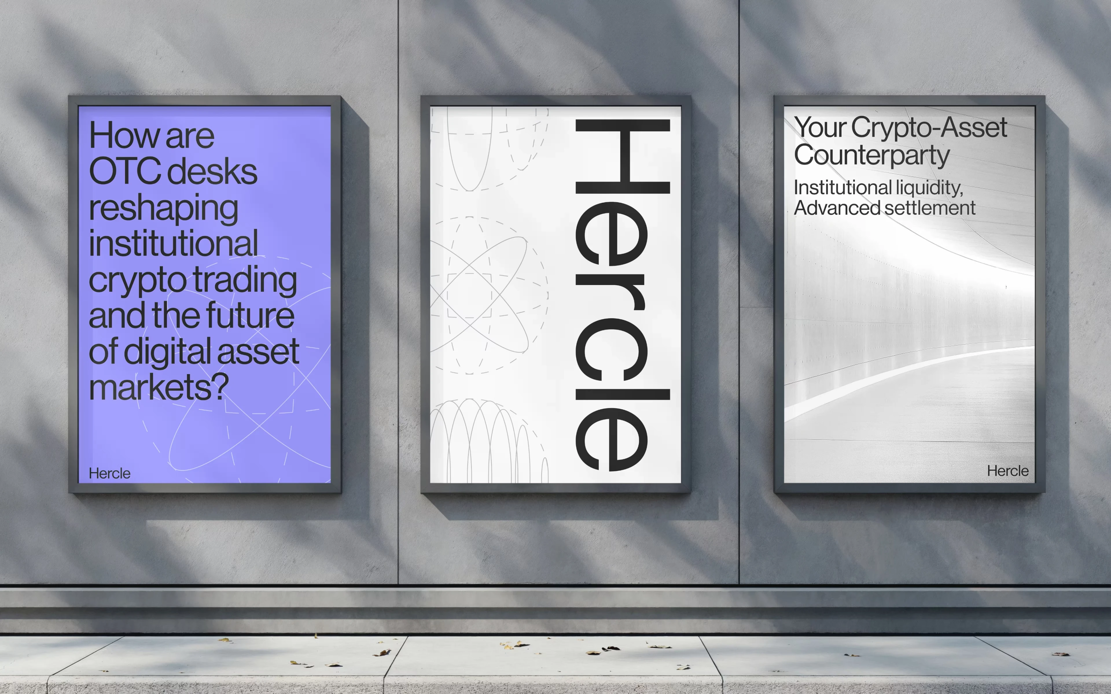 Hercle poster series in a gallery: OTC desks, crypto-asset counterparty, institutional liquidity