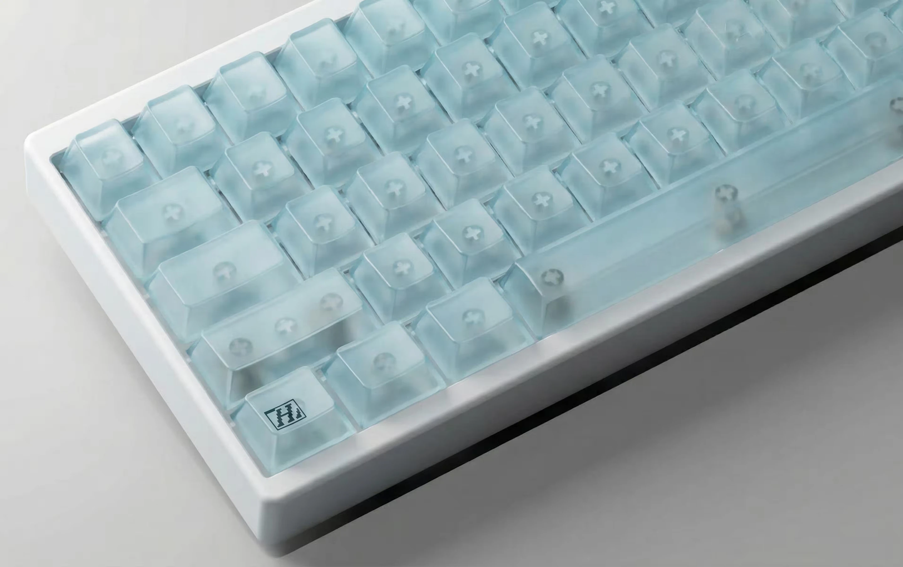 Hackbot branded keyboard in pale blue