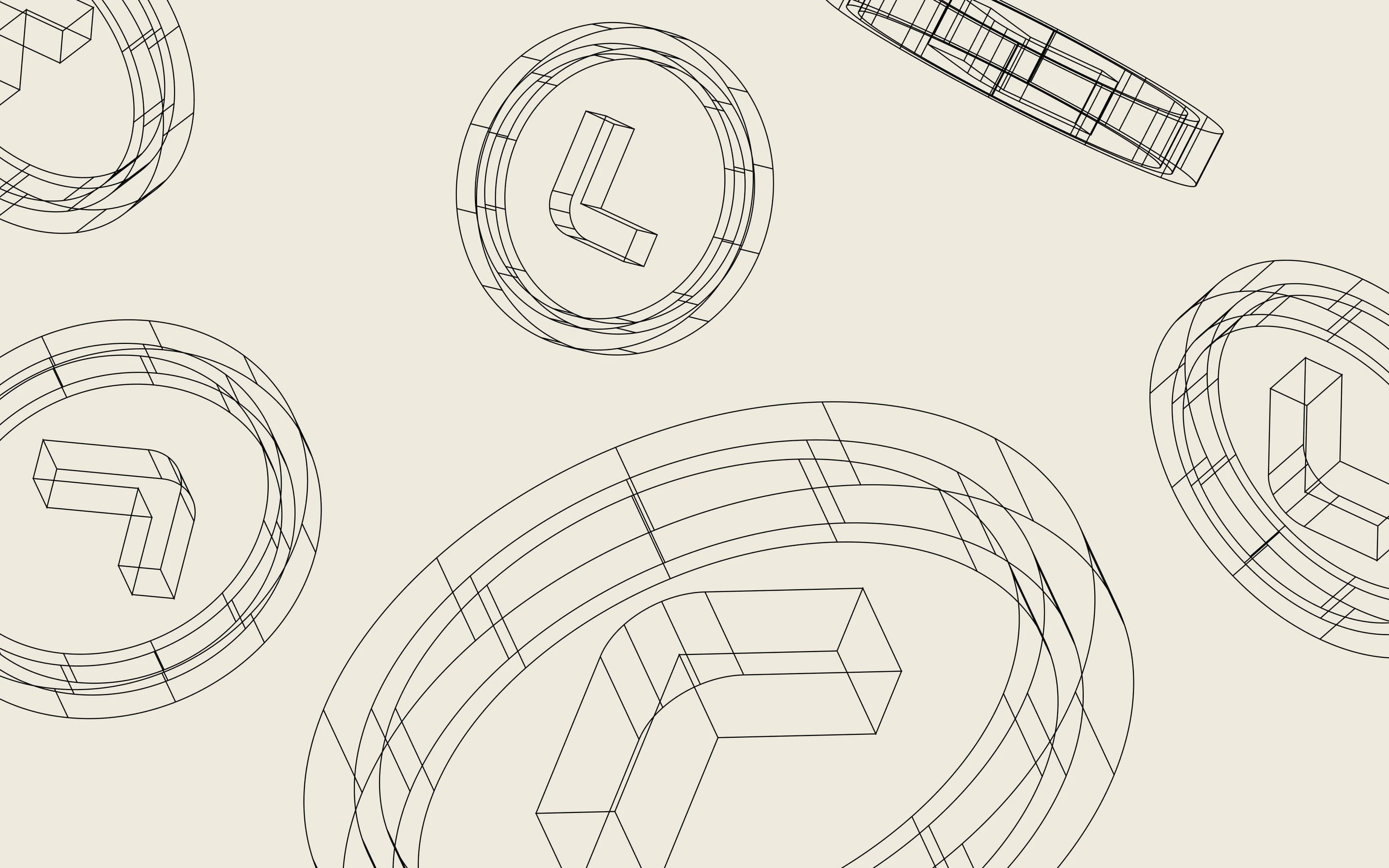 Rysk brand geometry: wireframe forms on a pale grid