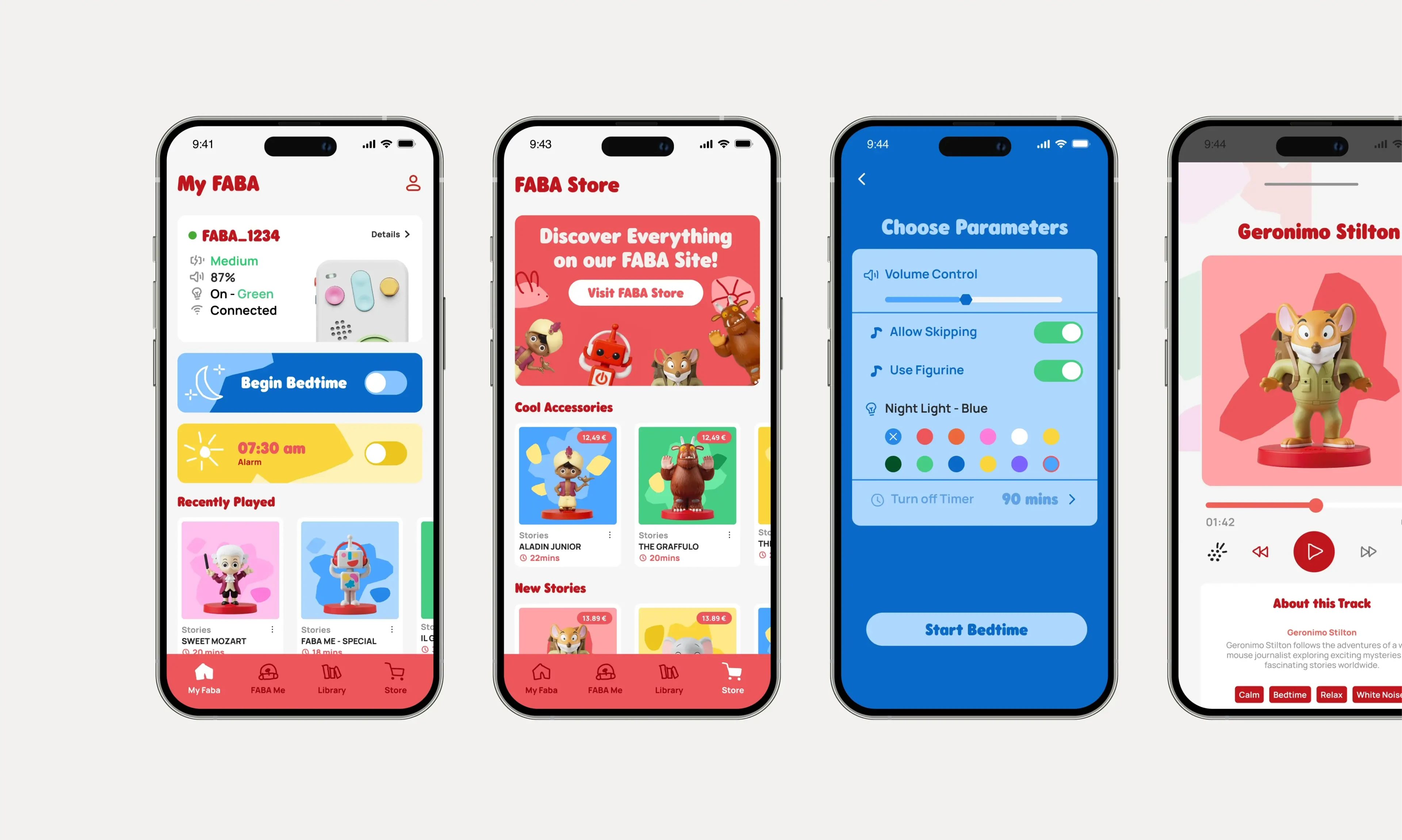 FABA app screens: My FABA, store, parameters and story pages