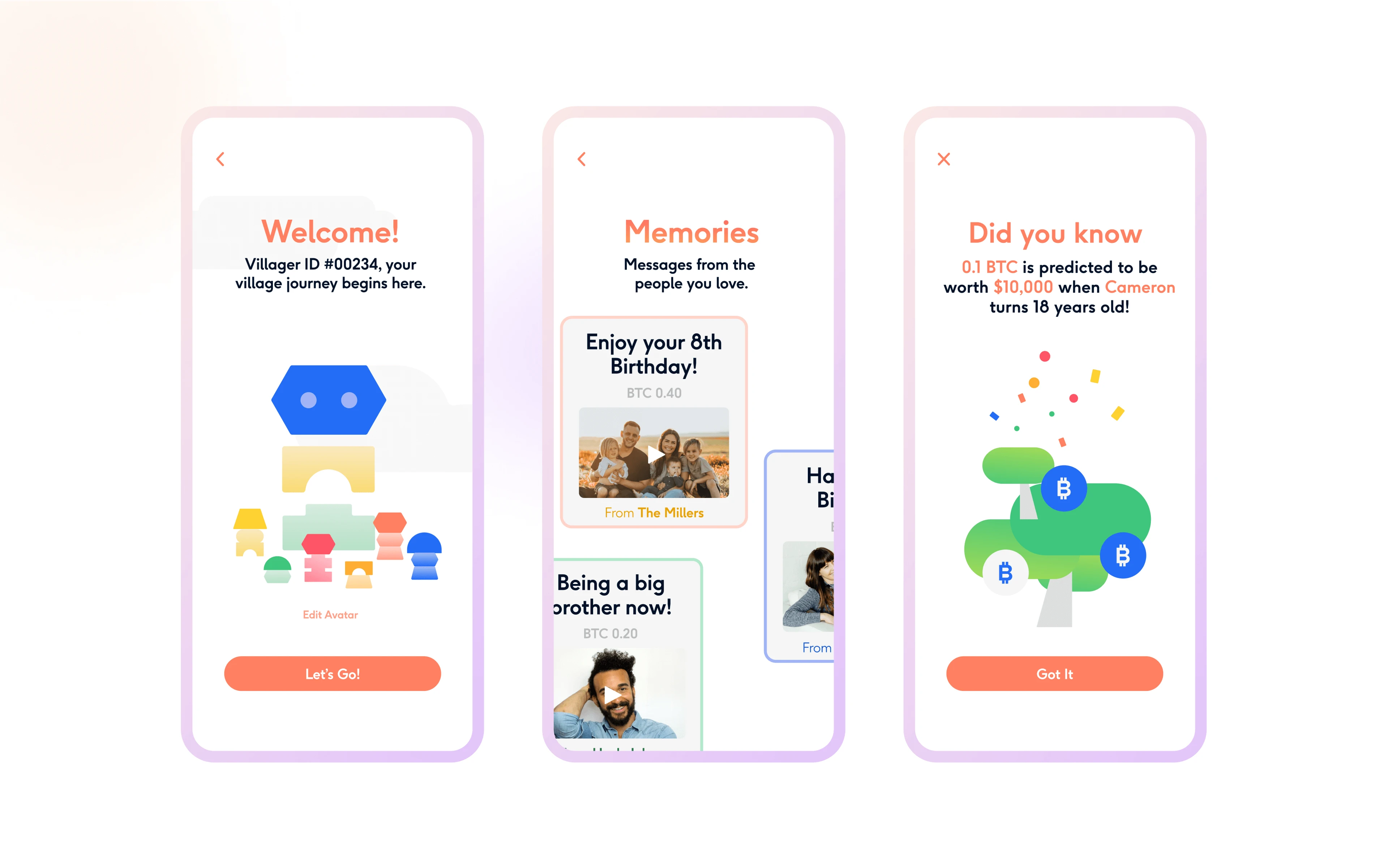 Village onboarding screens: welcome, memories and Bitcoin gifting