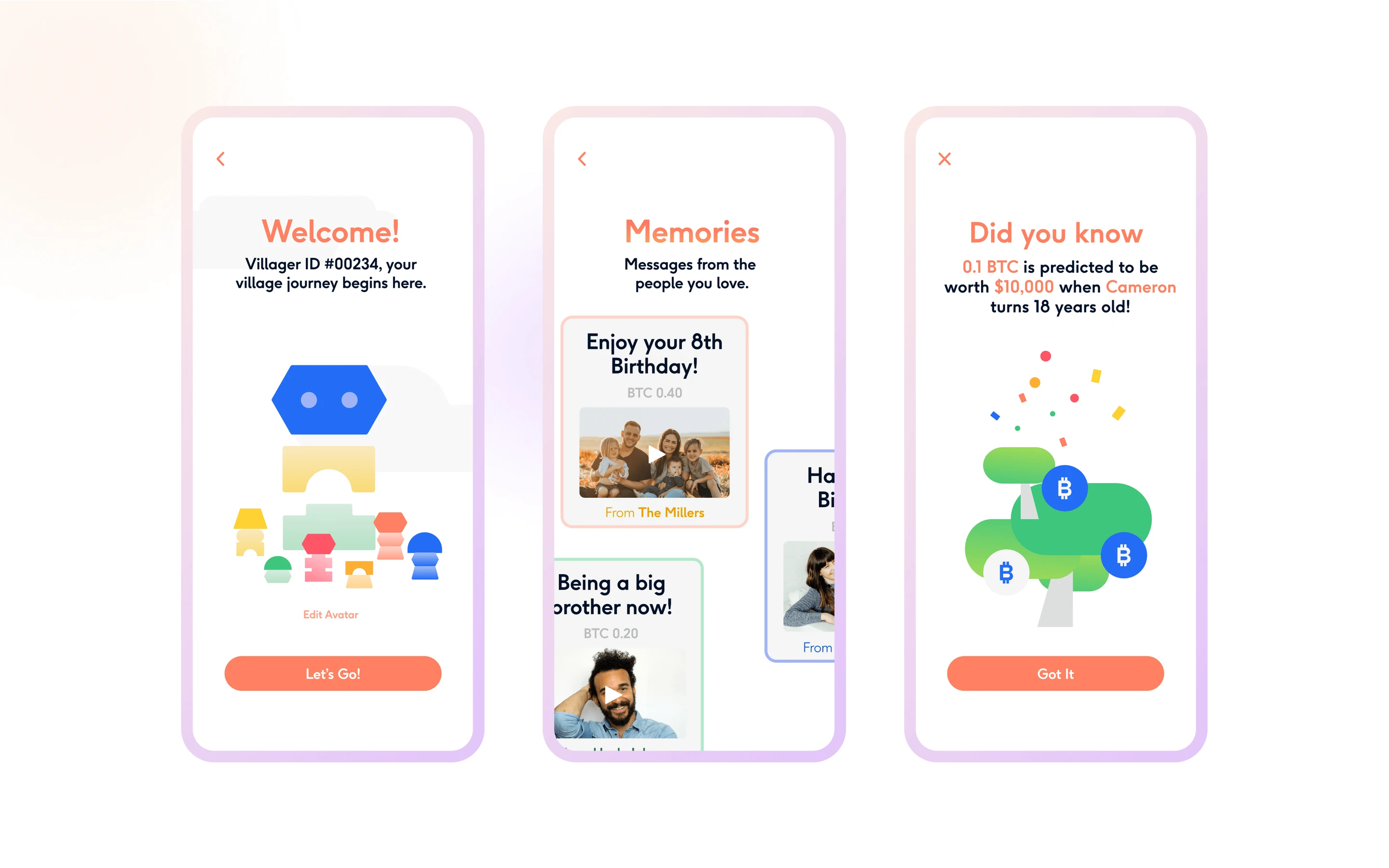 Village onboarding screens: welcome, memories and Bitcoin gifting