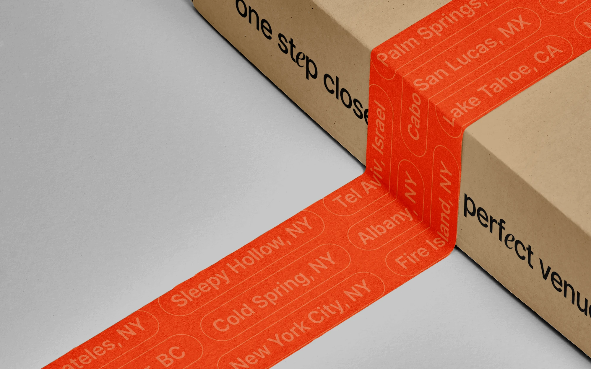 feeel packing tape printed with destination names, sealing boxes