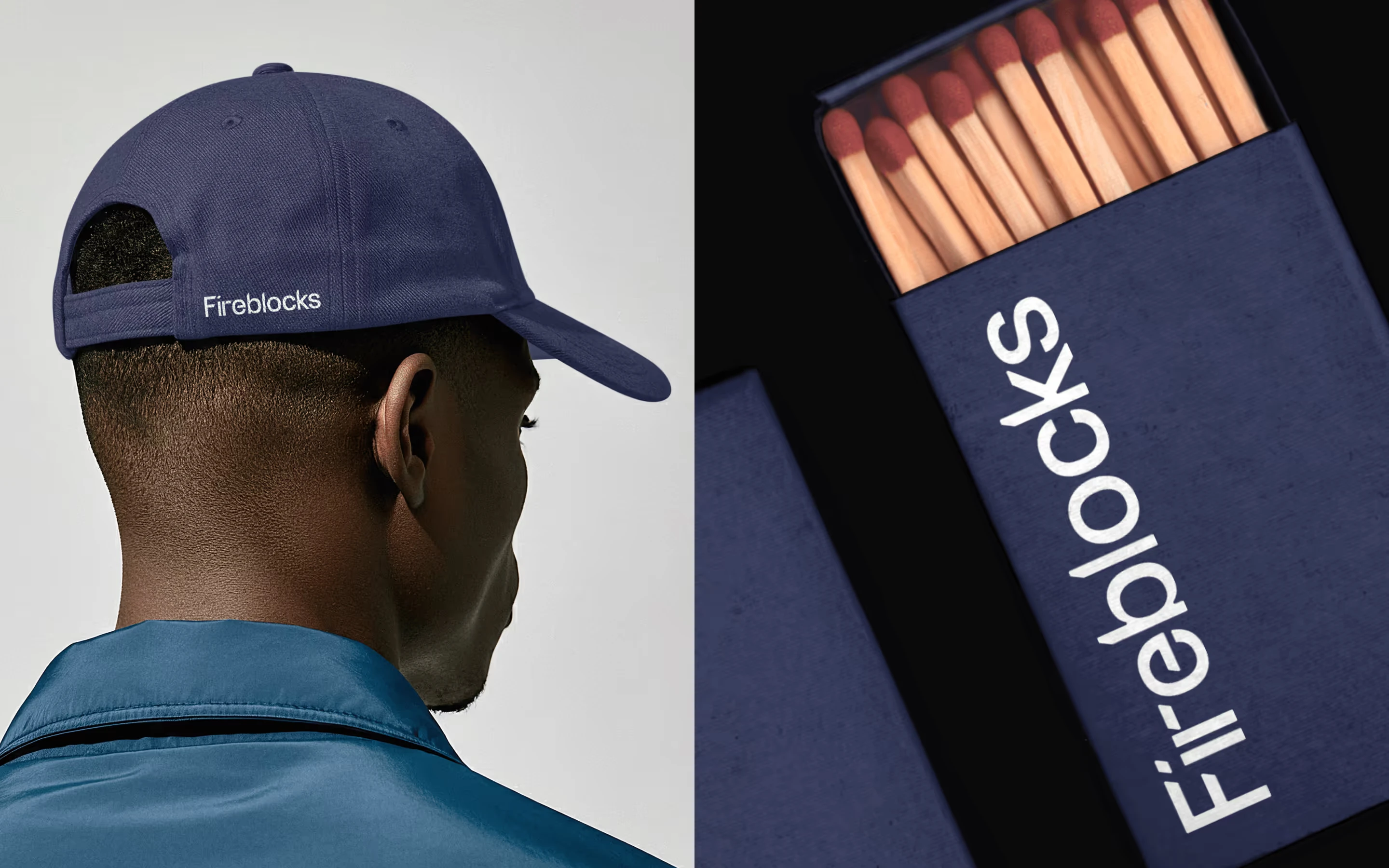 Fireblocks branded cap and matchbox merchandise