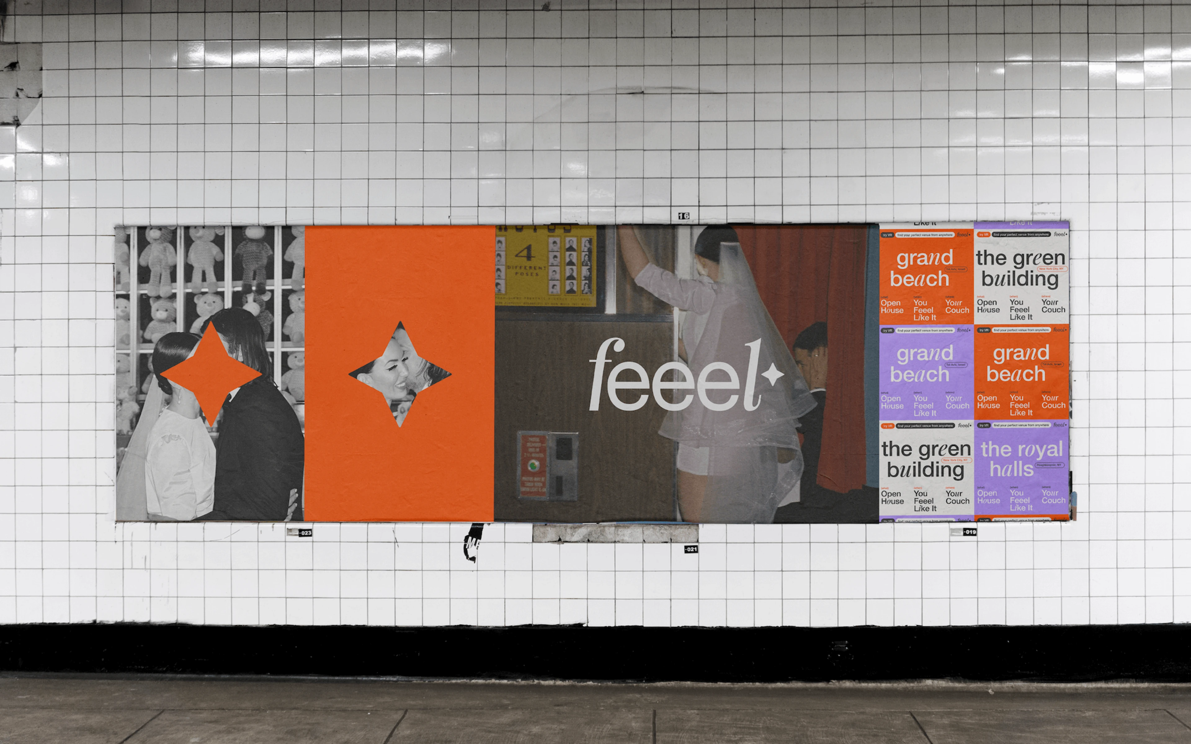 A feeel poster takeover across a tiled subway wall
