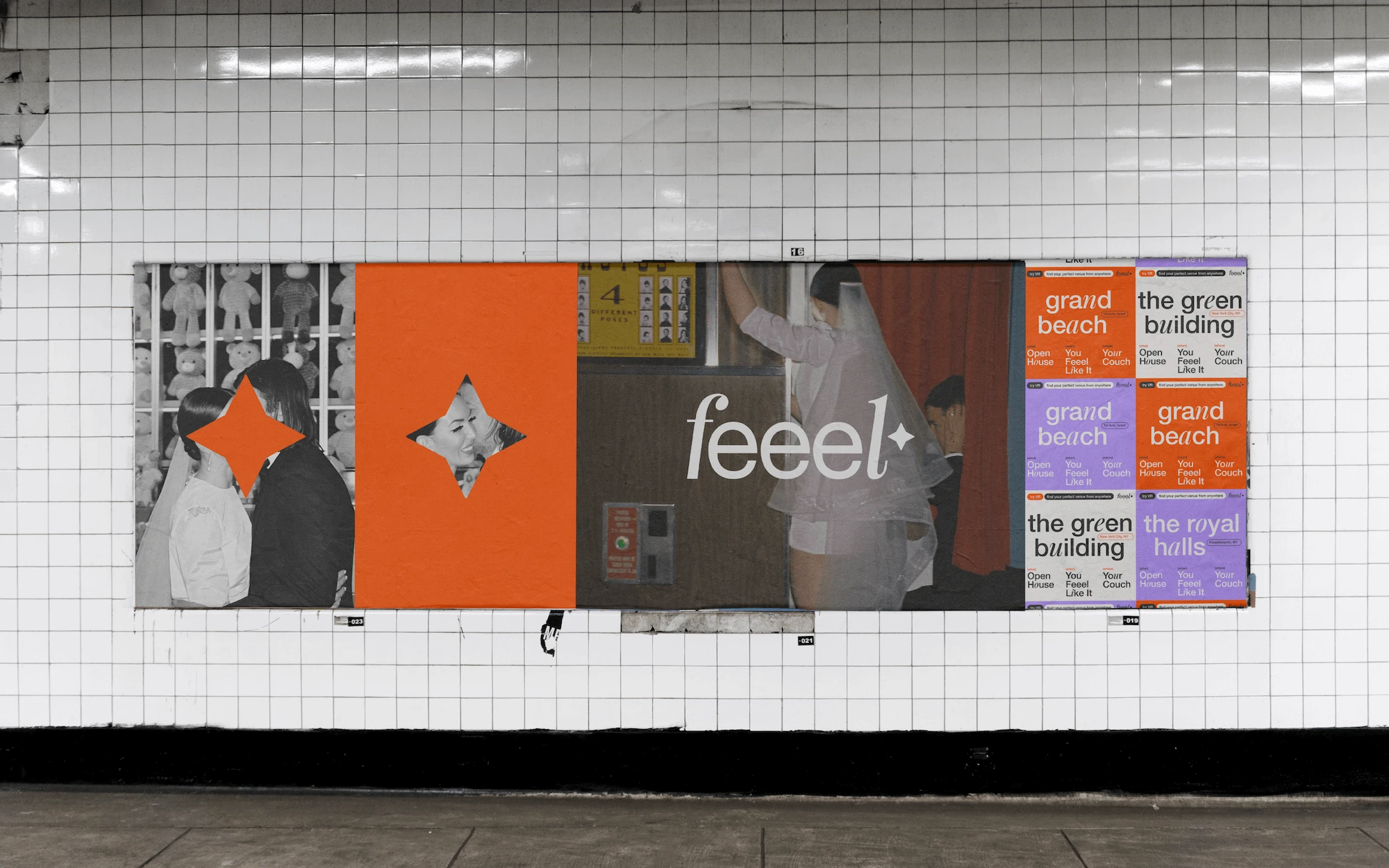 A feeel poster takeover across a tiled subway wall