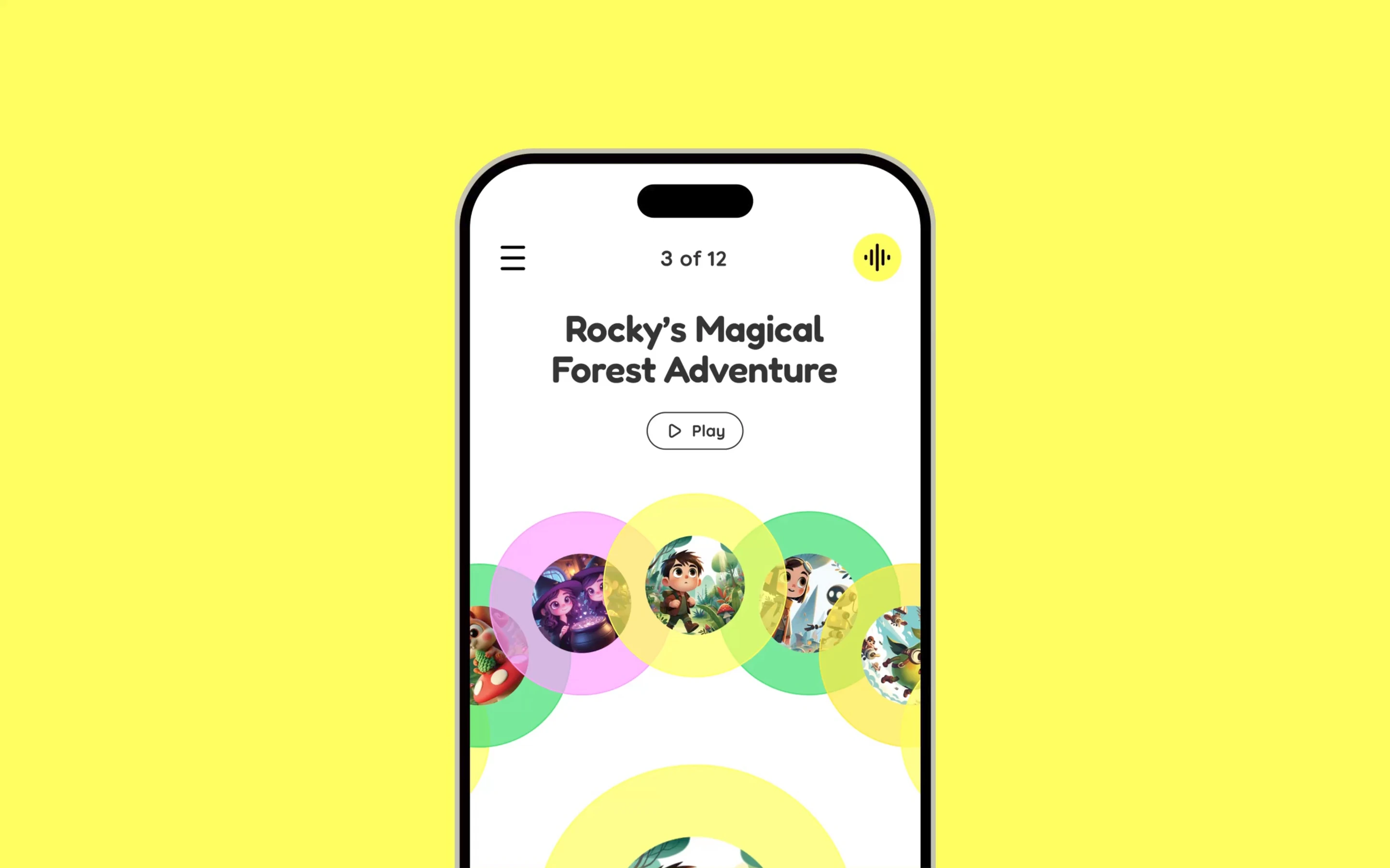 NOVA storytelling app on iPhone, showing Rocky's Magical Forest Adventure