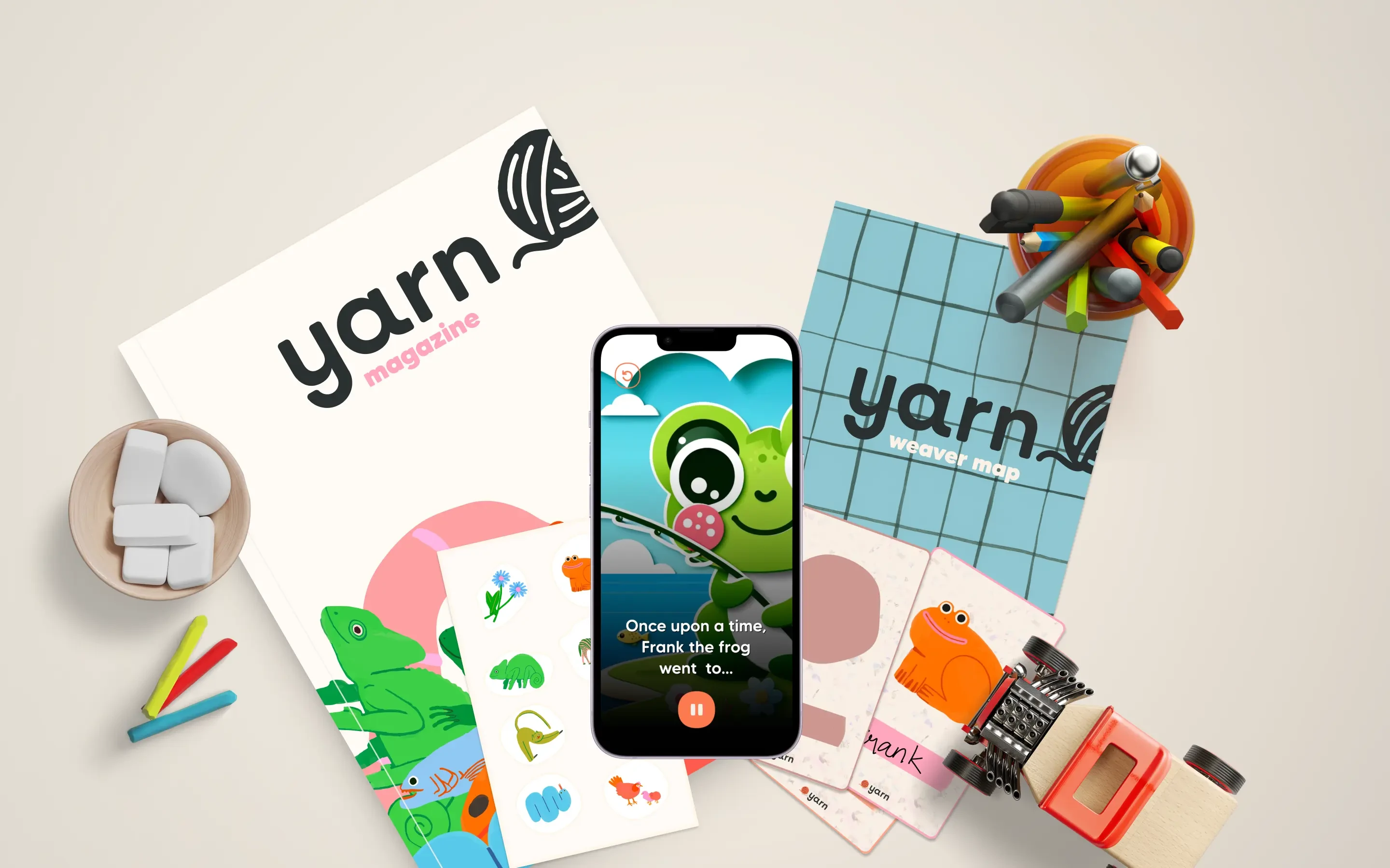 Yarn magazine, weaver map and the app, the Tangible AI storytelling kit