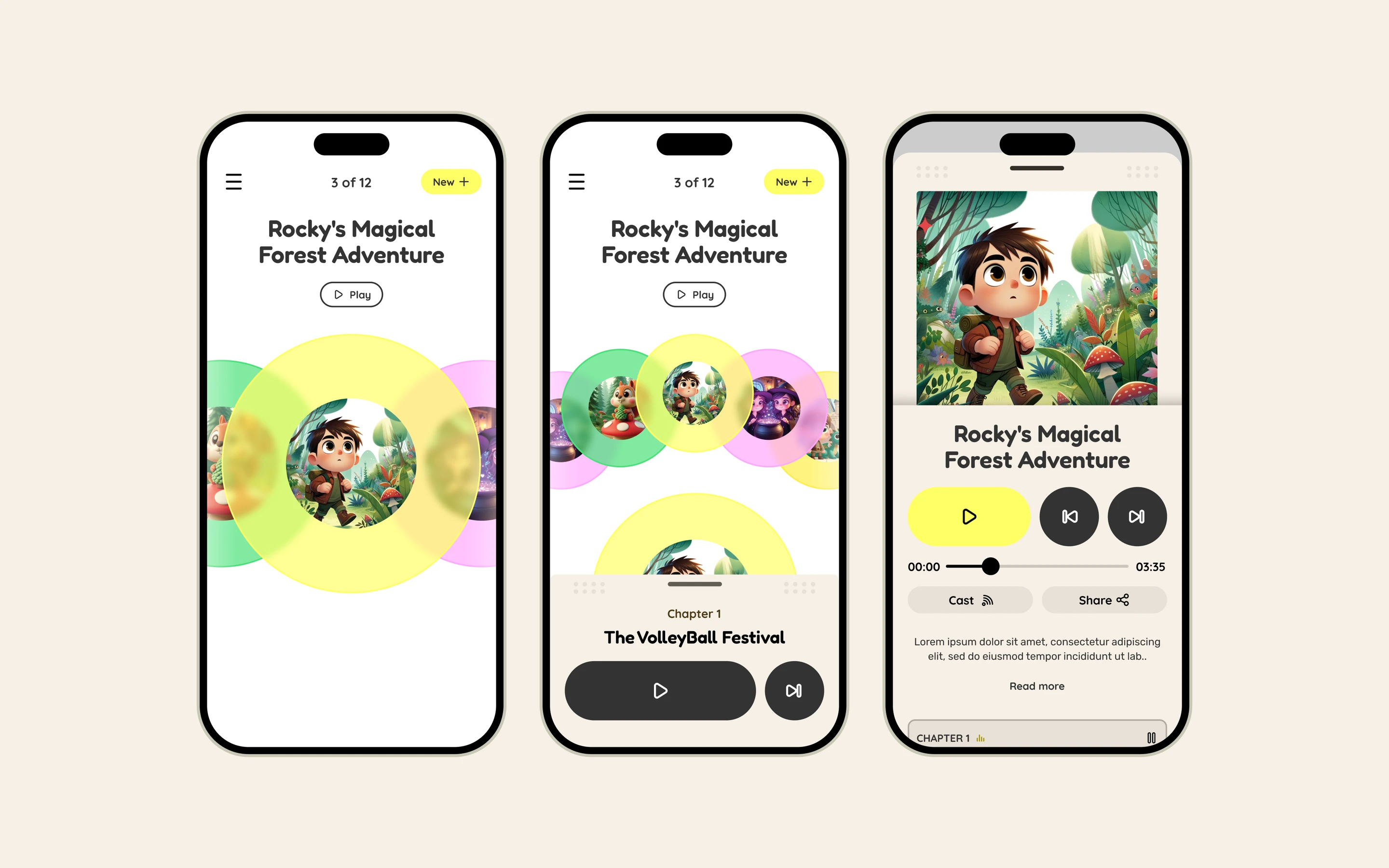 Nova app screens: Rocky's Magical Forest Adventure, chapter and playback