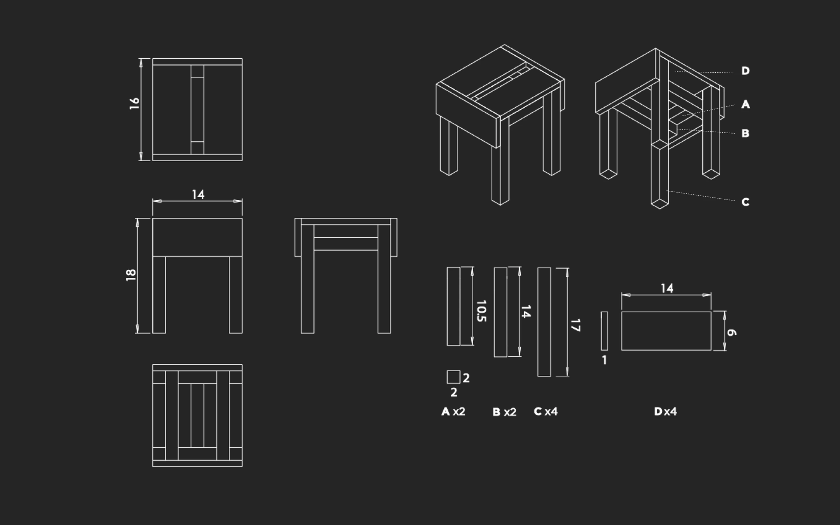 Sedia_2 technical drawings: elevations, cut list and assembly parts