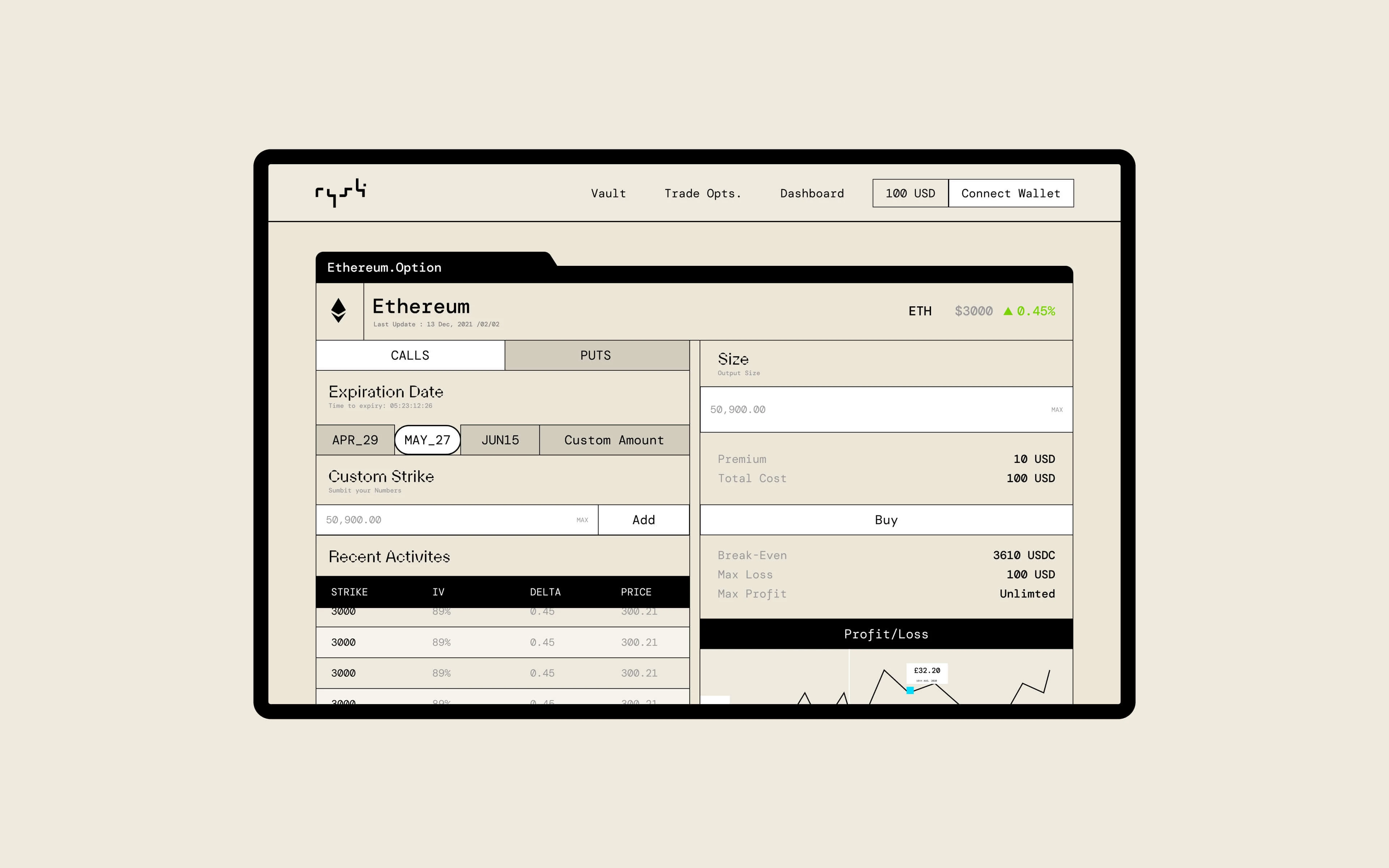 Rysk web app: the Ethereum vault dashboard