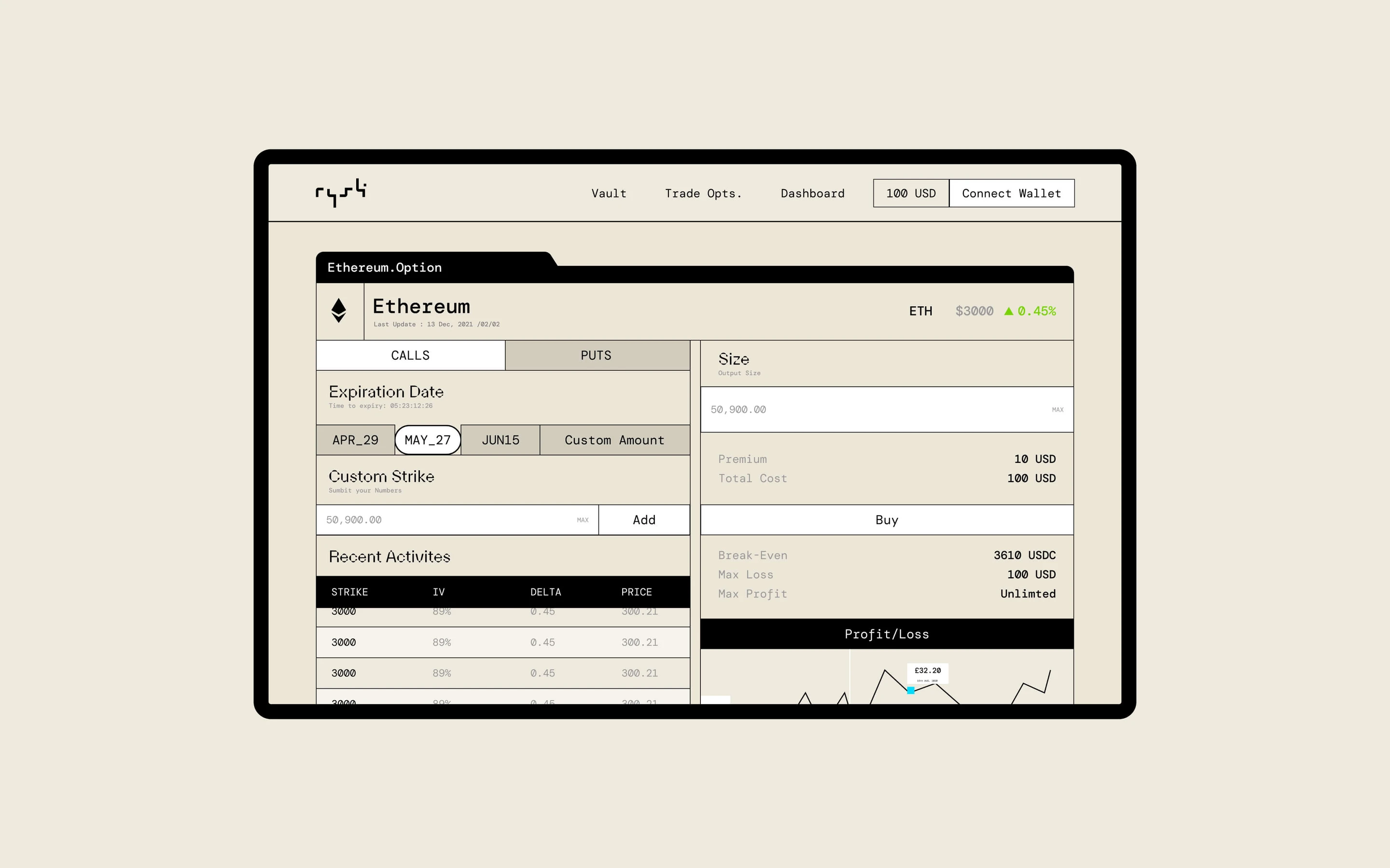 Rysk web app: the Ethereum vault dashboard