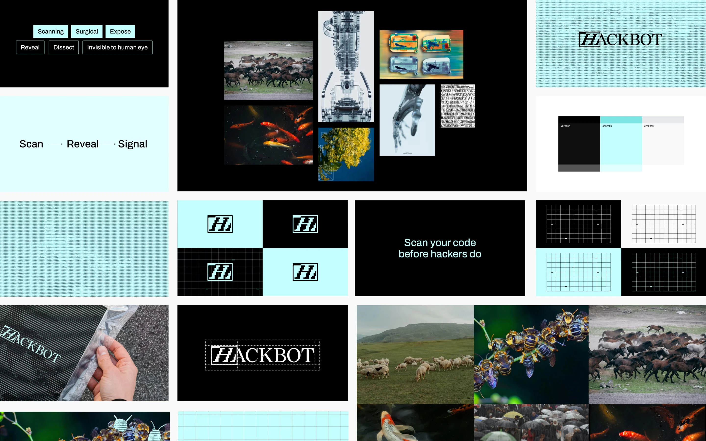 Hackbot brand system: reveal and signal, grid, imagery and logo lockups