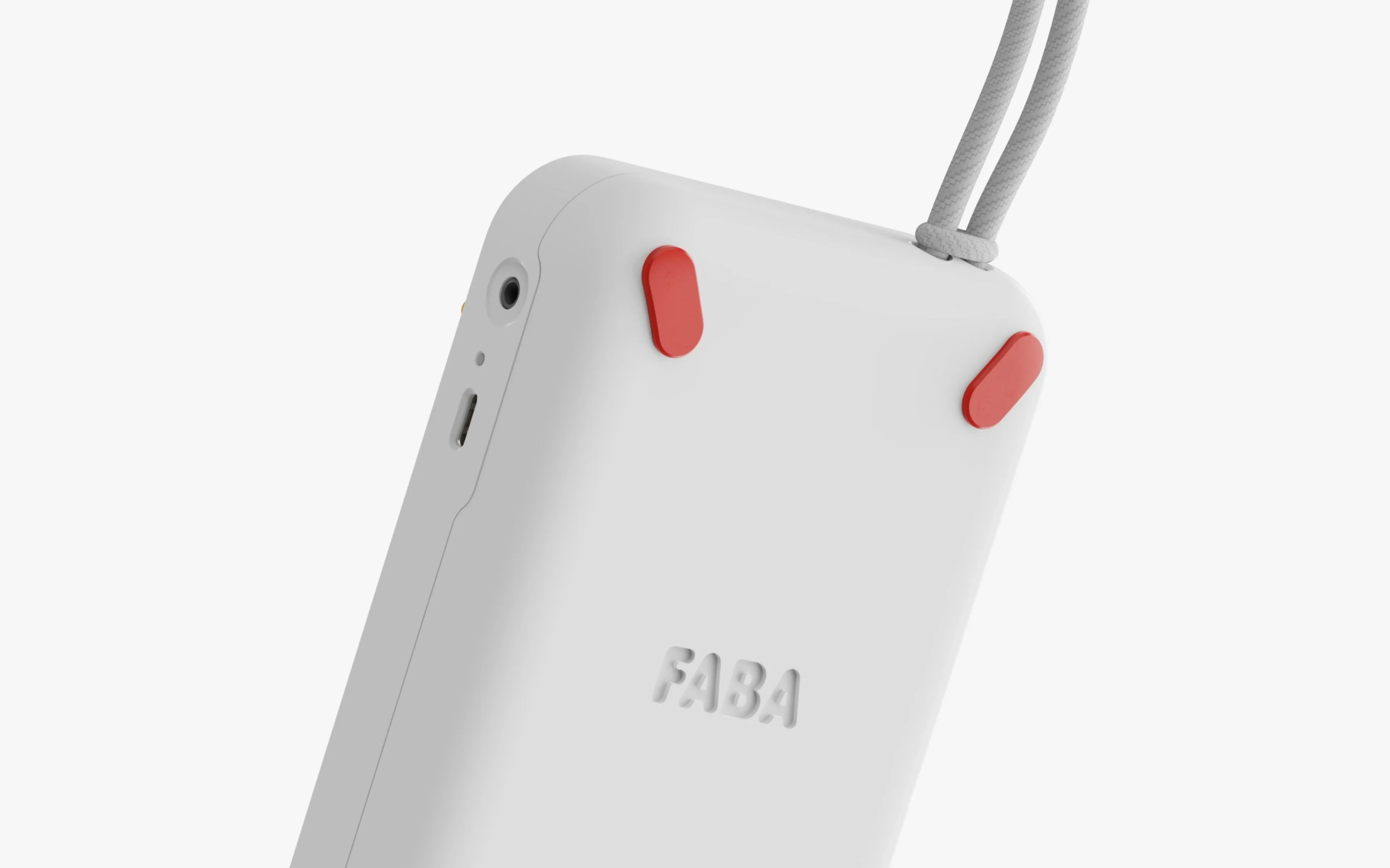 Back of the FABA+ speaker with its embossed FABA logo and strap