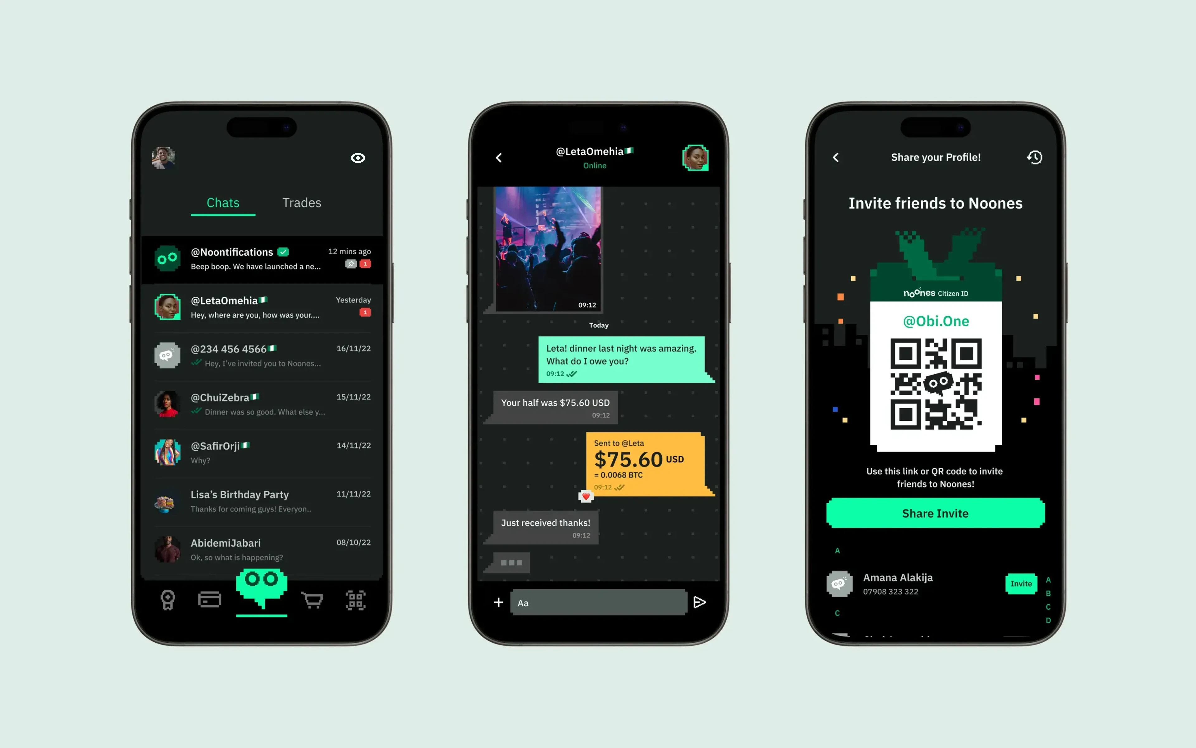 Noones app trade and chat screens