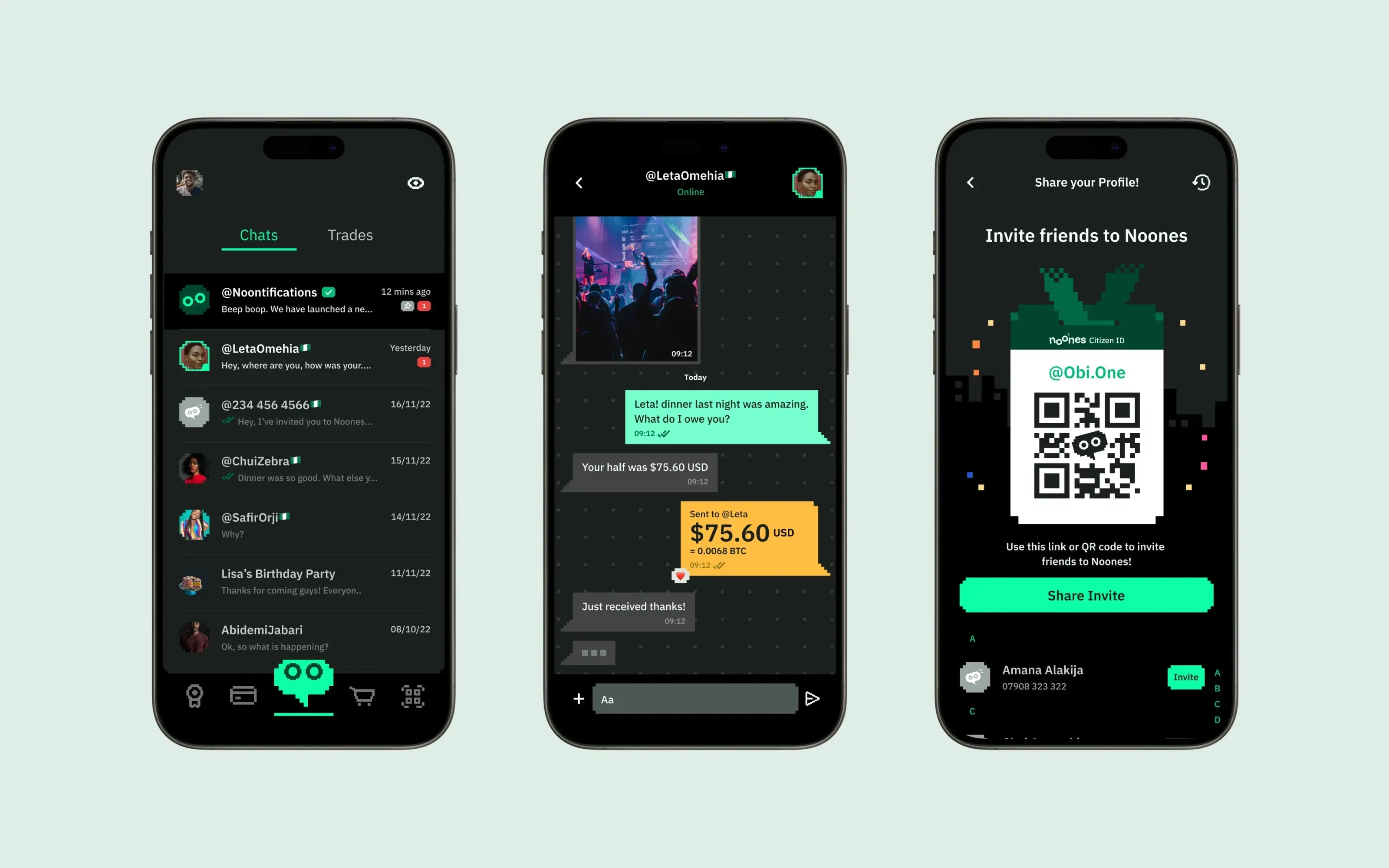 Noones app trade and chat screens
