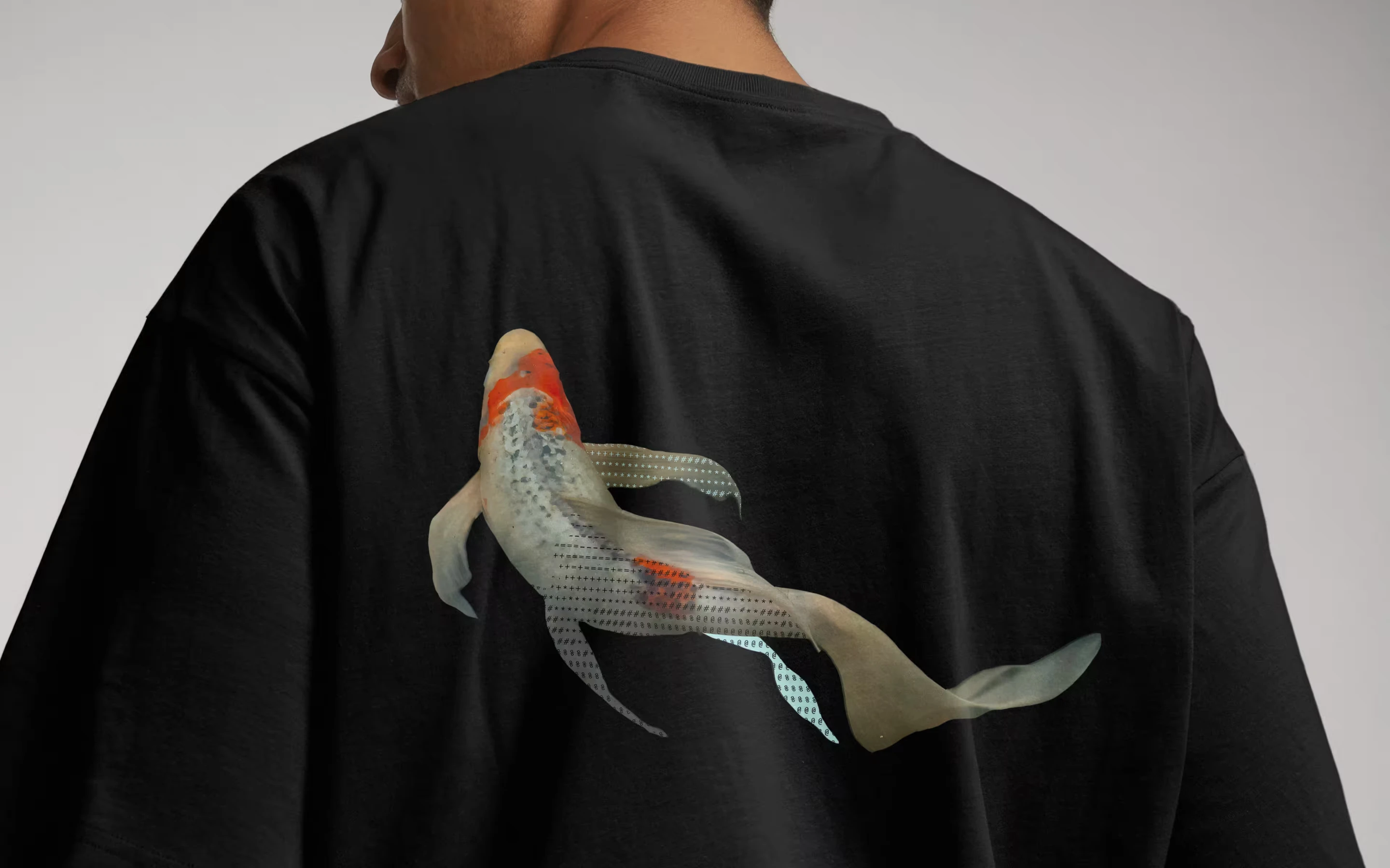 Hackbot t-shirt with a koi print across the back