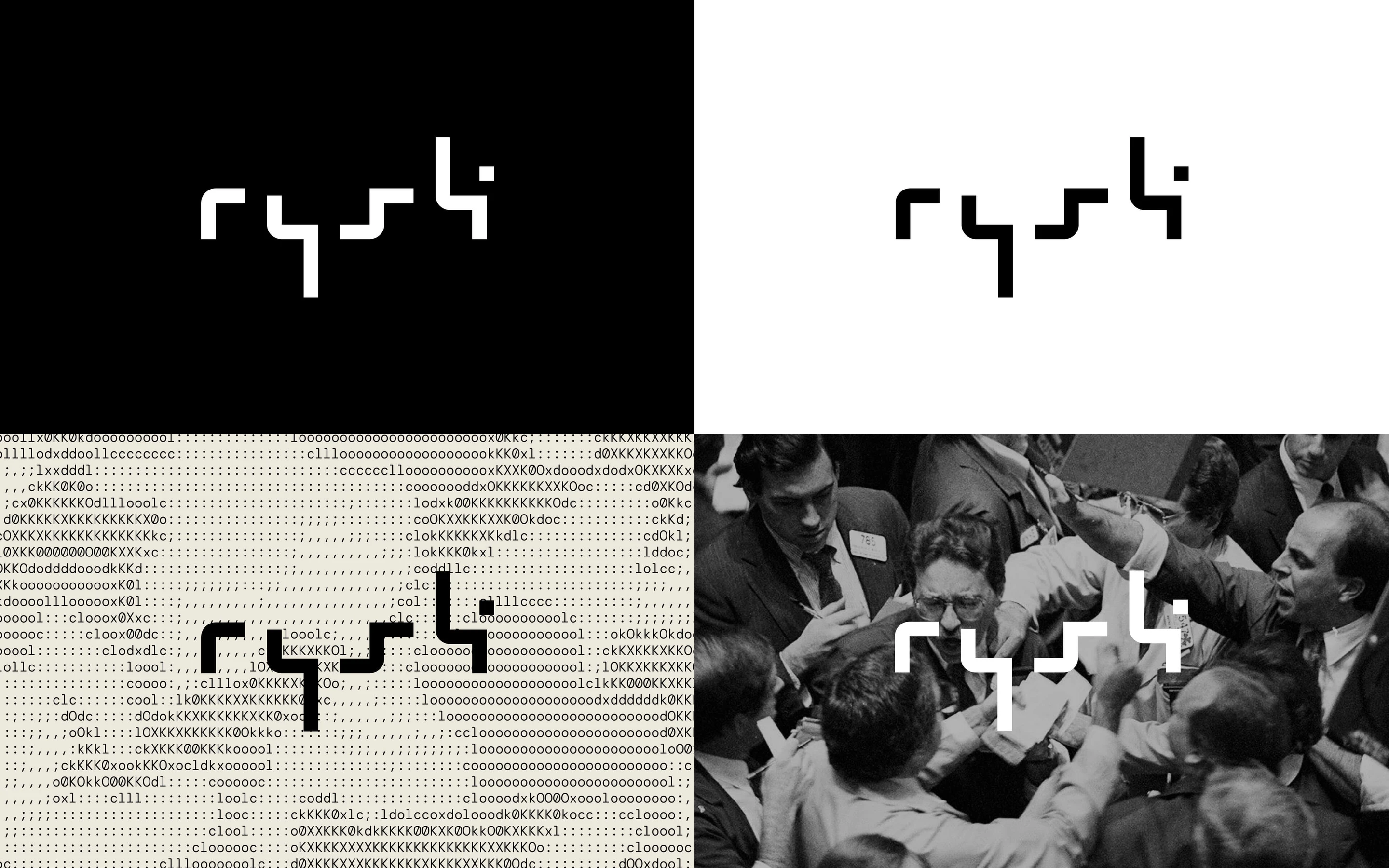 The Rysk wordmark in its four brand treatments, black, white and halftone
