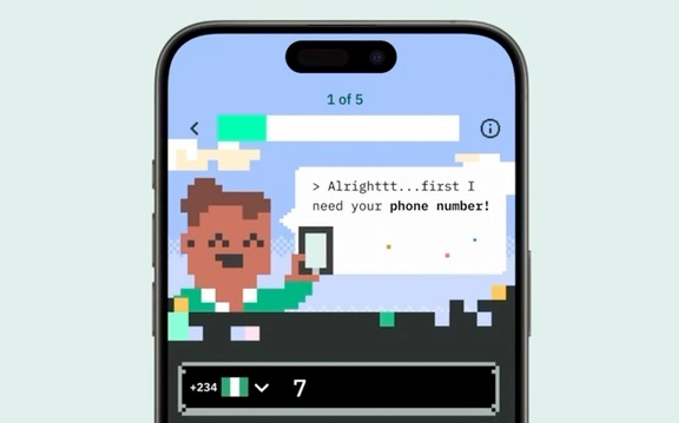 A pixel-art onboarding screen asking for a phone number