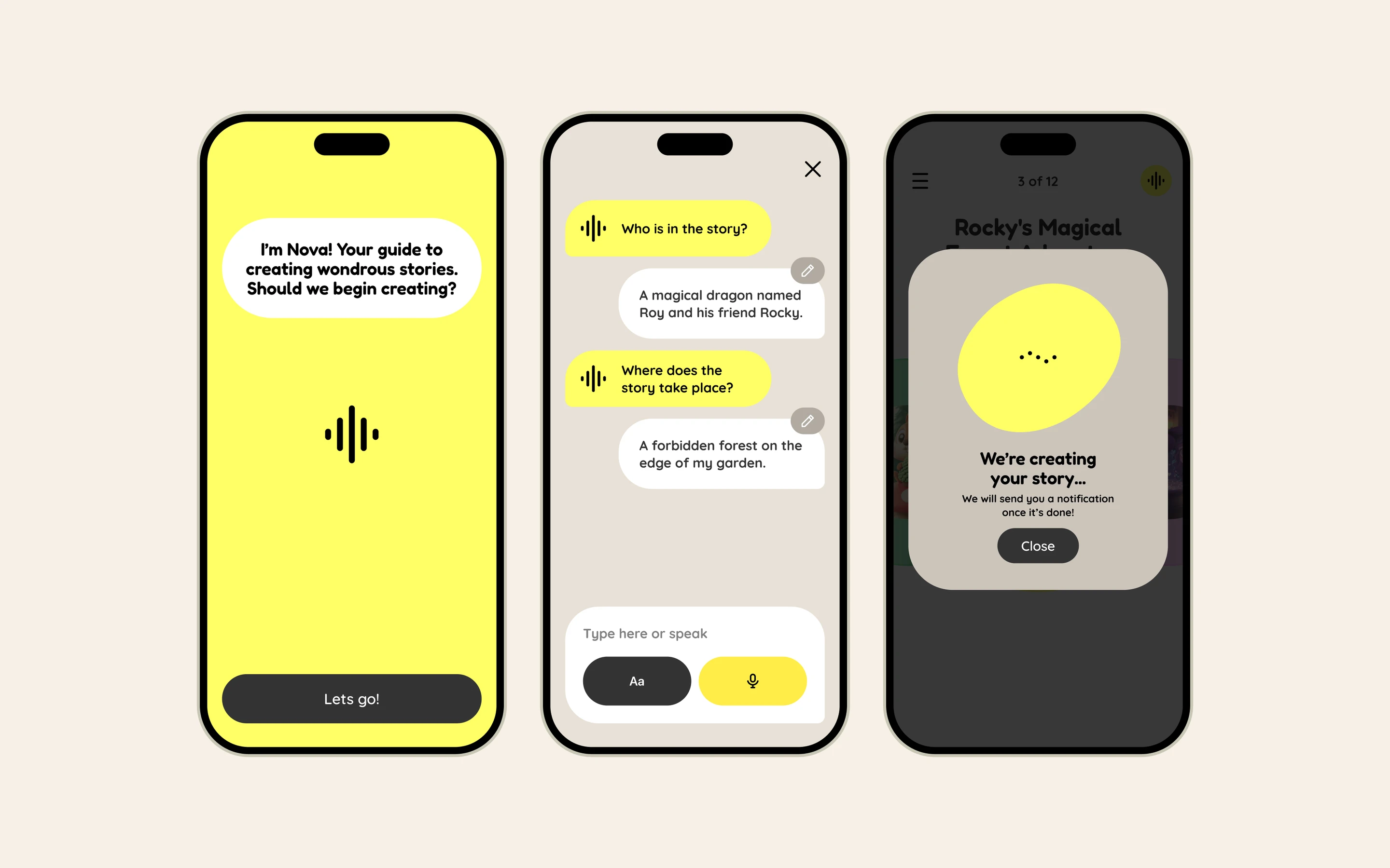 Nova app screens: building a story with the AI storyteller