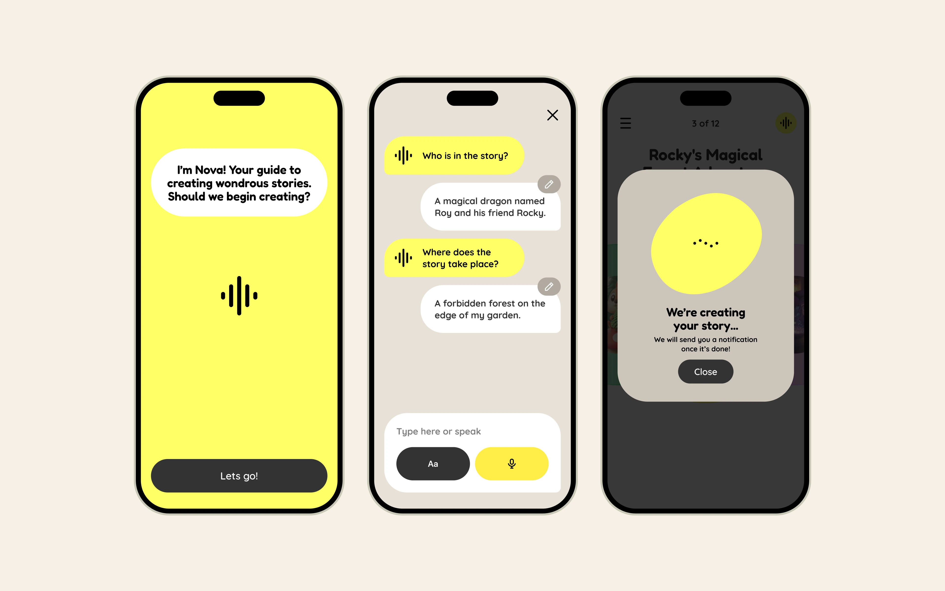 Nova app screens: building a story with the AI storyteller