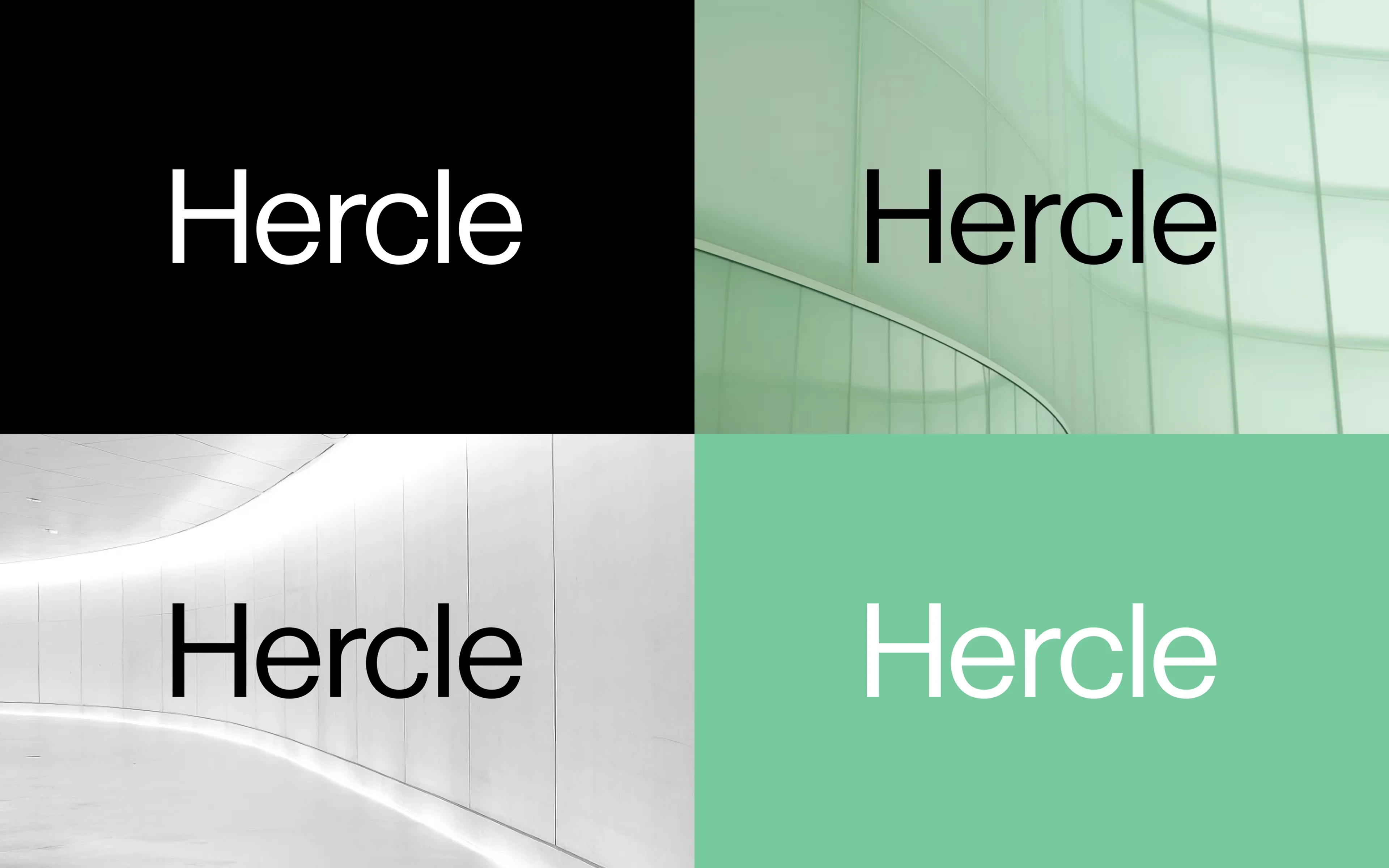 The Hercle wordmark across its four brand colourways, black, white and green