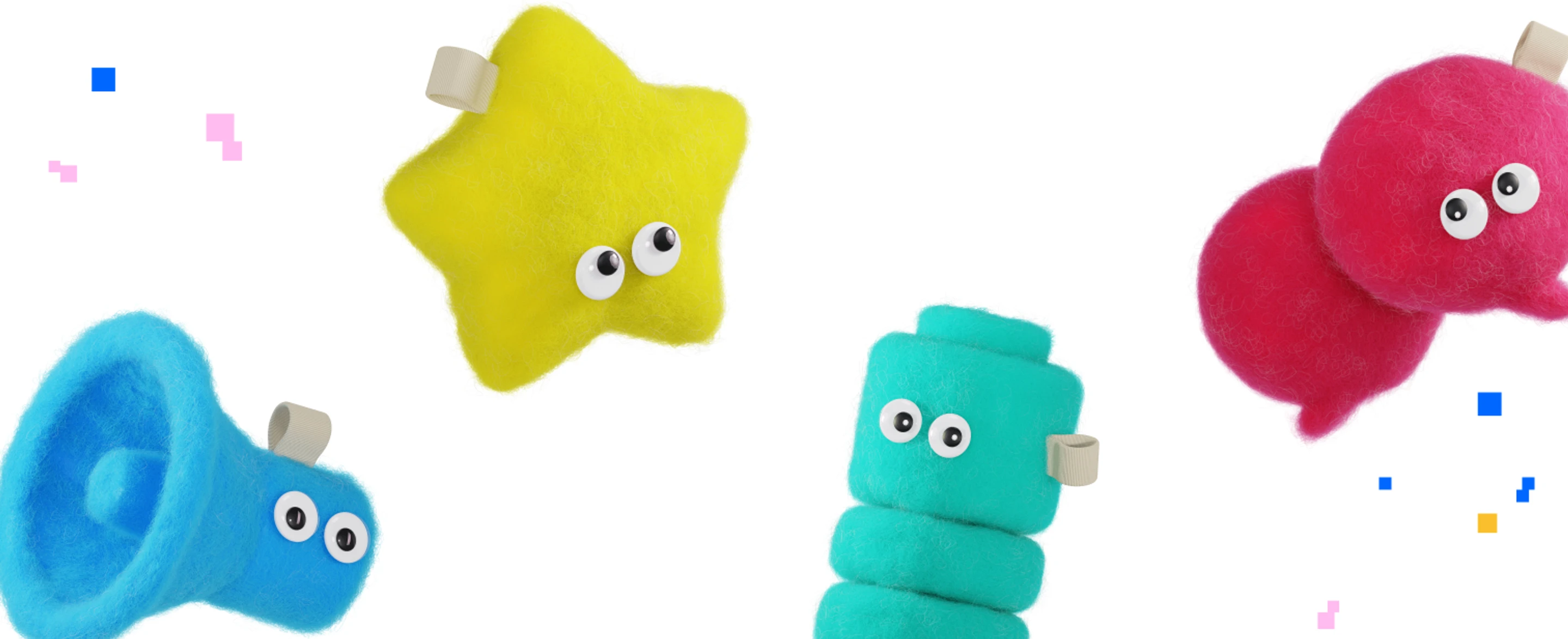Felted characters with googly eyes from the yarn.family world, made for FINH's research into AI for children