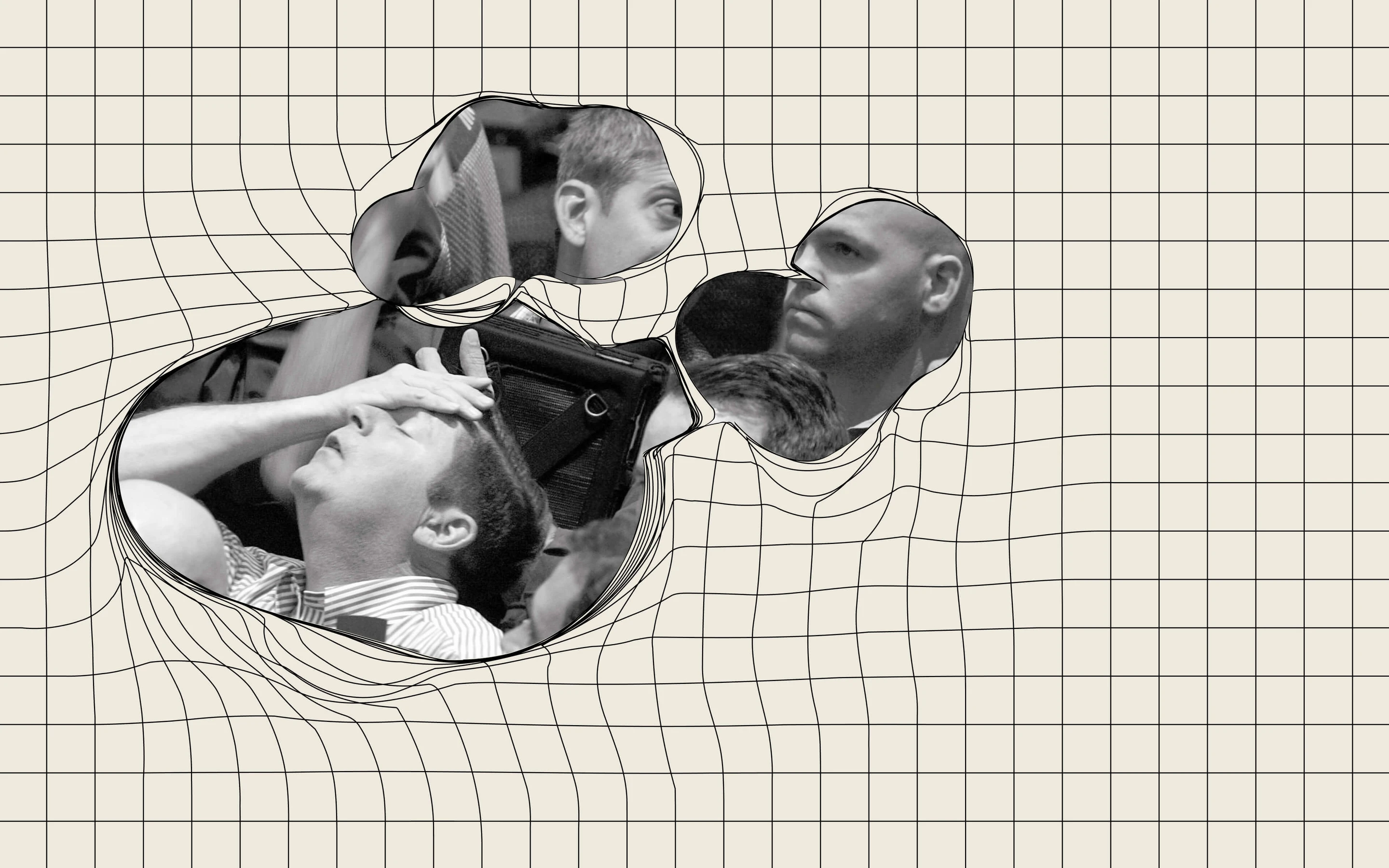 Rysk collage: halftone portraits cut into the grid