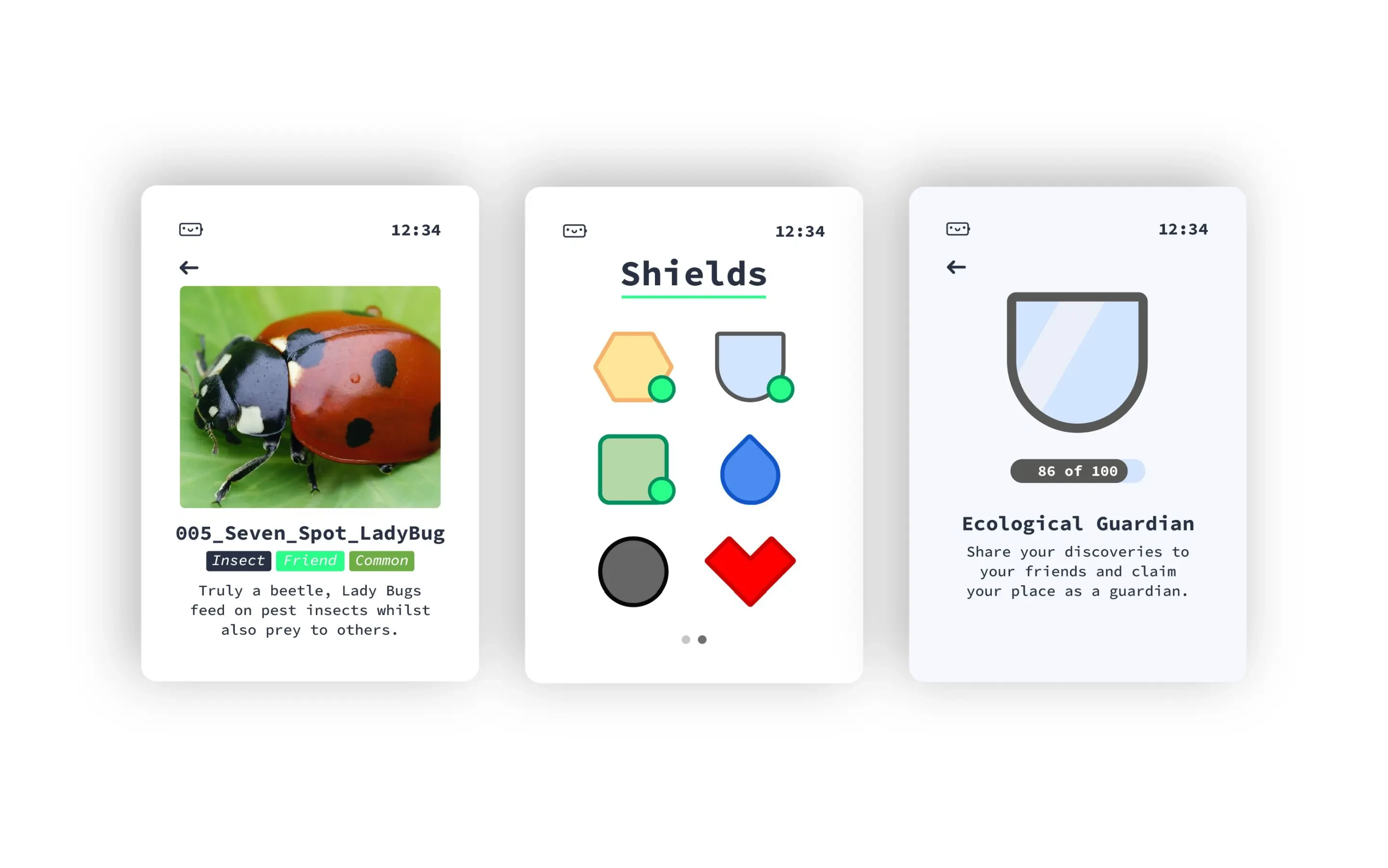 Ash AI Pokedex cards: seven-spot ladybug, shields and the Ecological Guardian badge