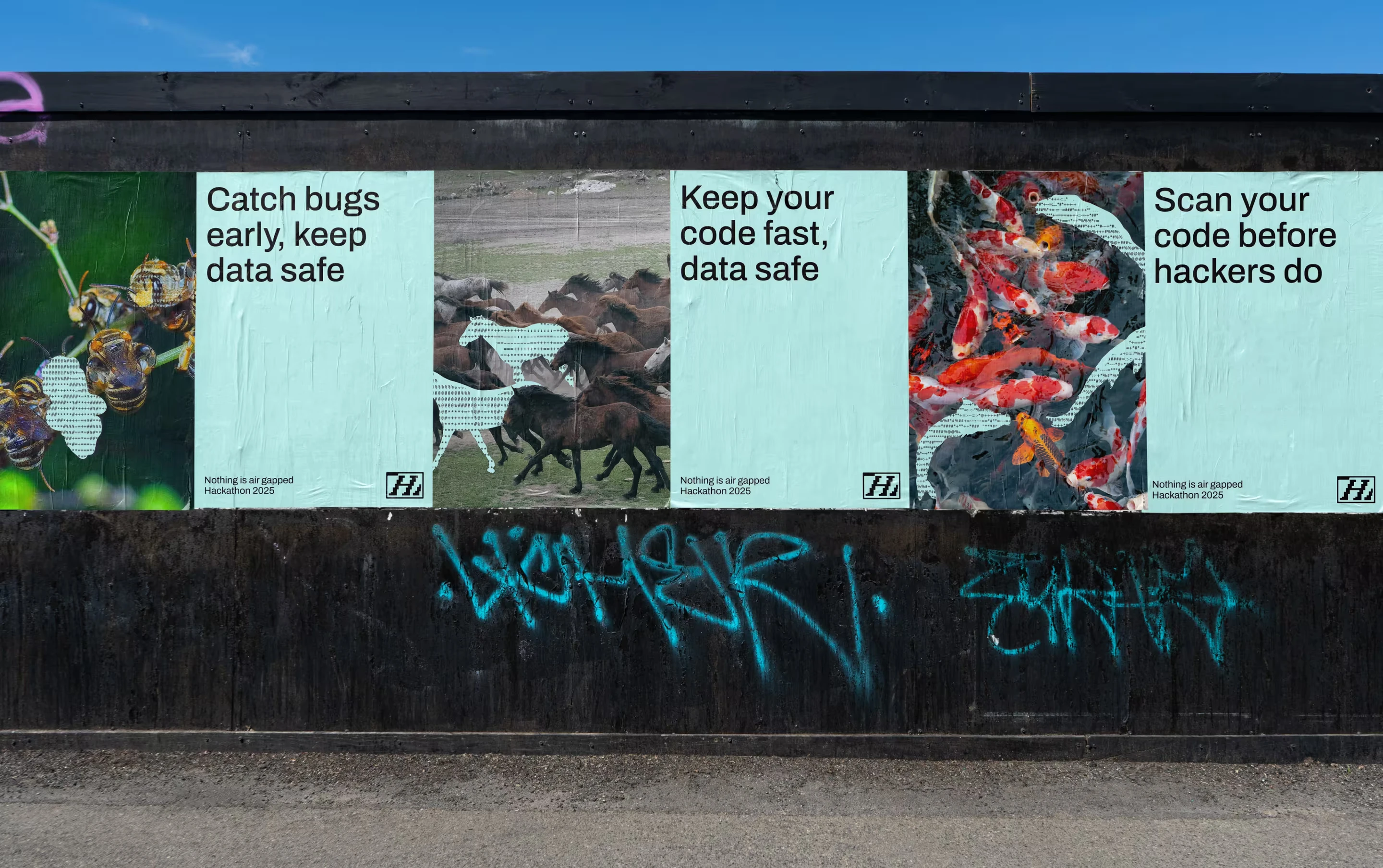 Hackbot out-of-home posters on a graffitied wall