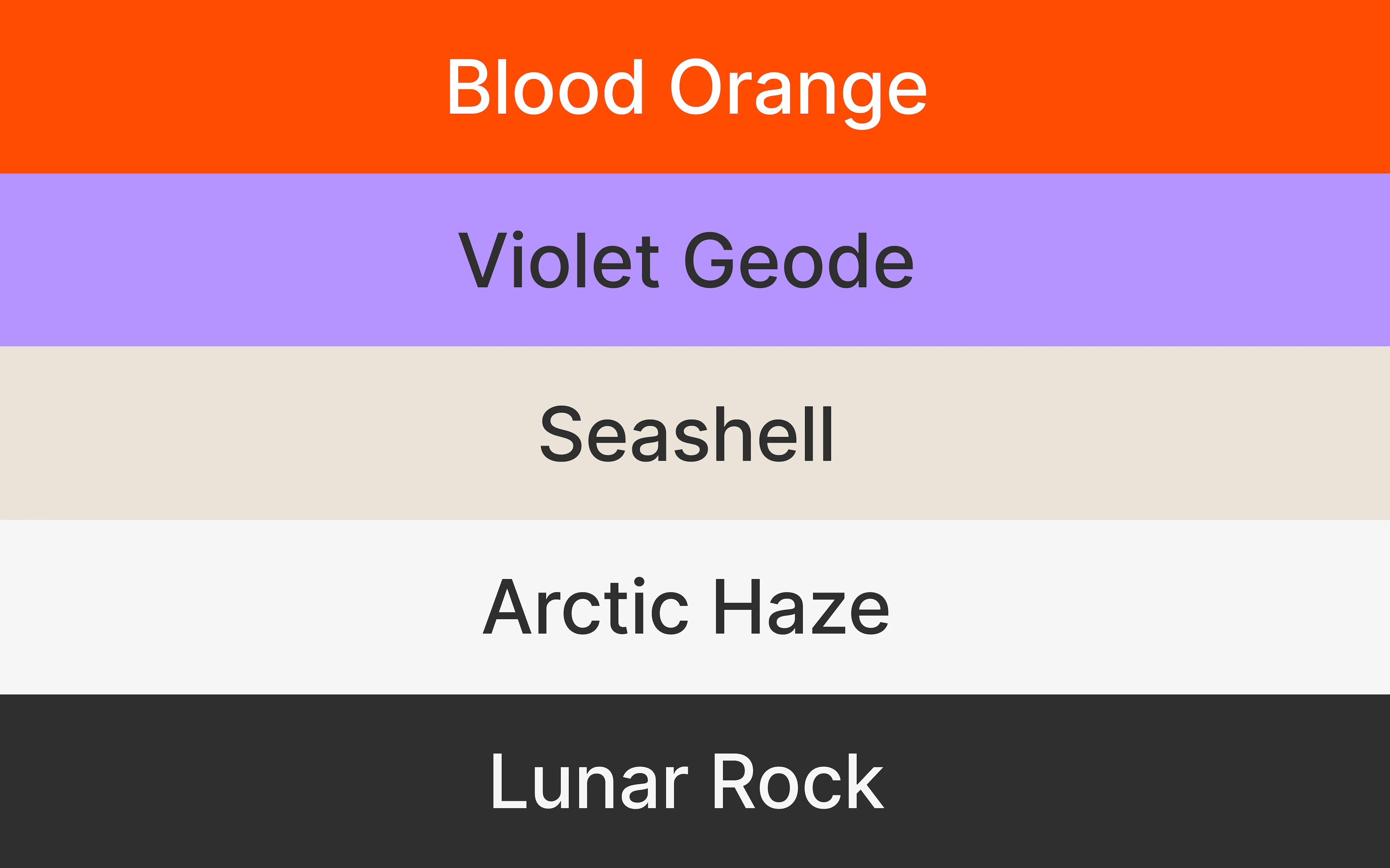 The feeel palette: Blood Orange, Violet Geode, Seashell, Arctic Haze and Lunar Rock
