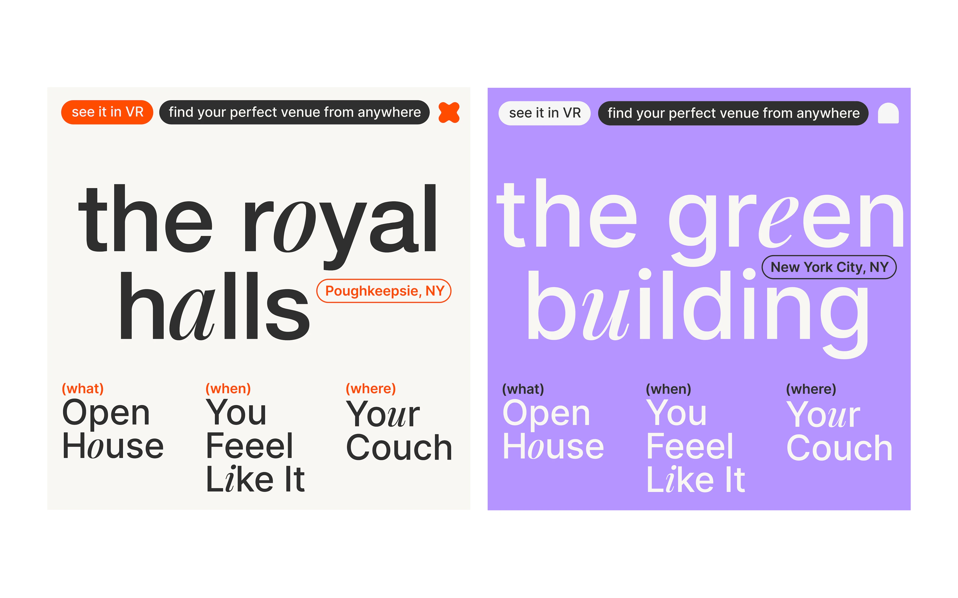 feeel venue cards for The Royal Halls and The Green Building