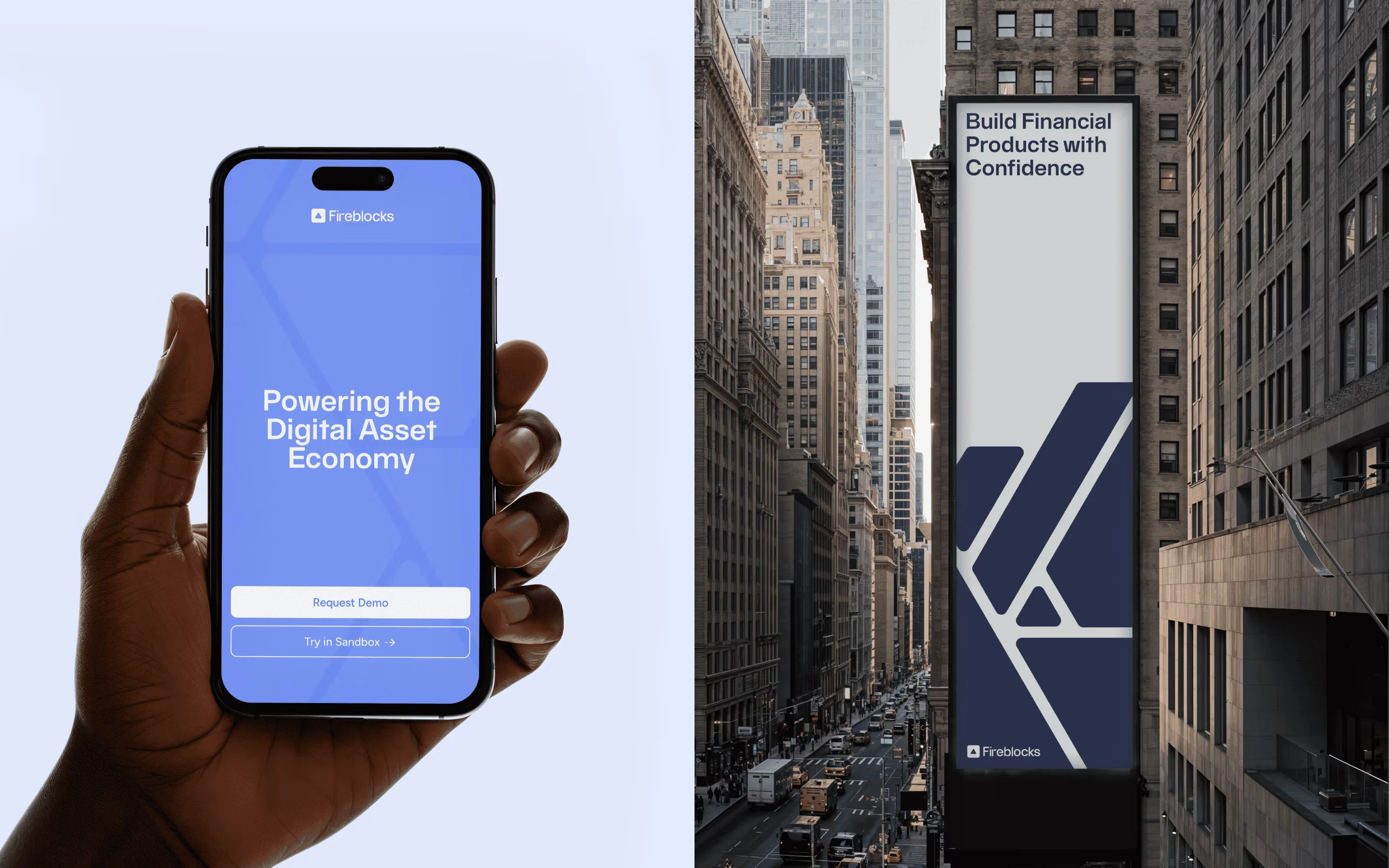 Fireblocks app on a phone beside out-of-home advertising in New York