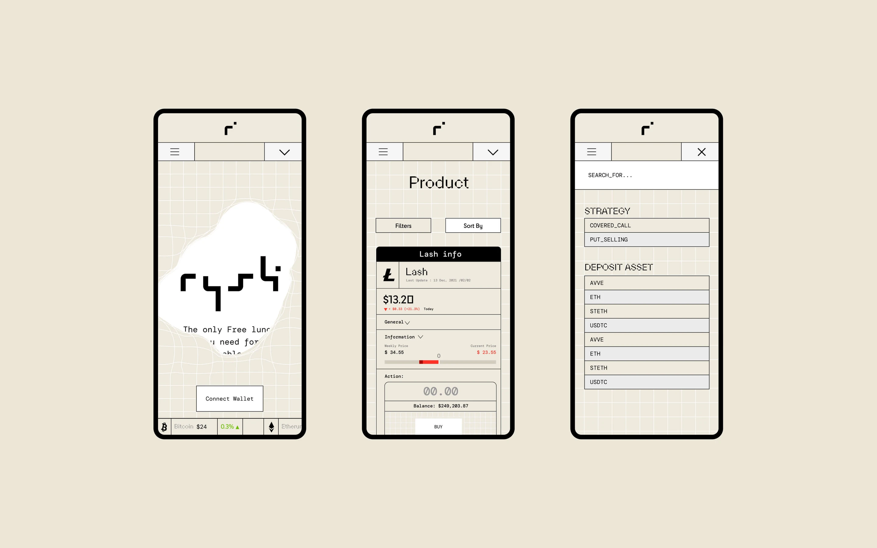 Rysk mobile app: wallet, product and account screens