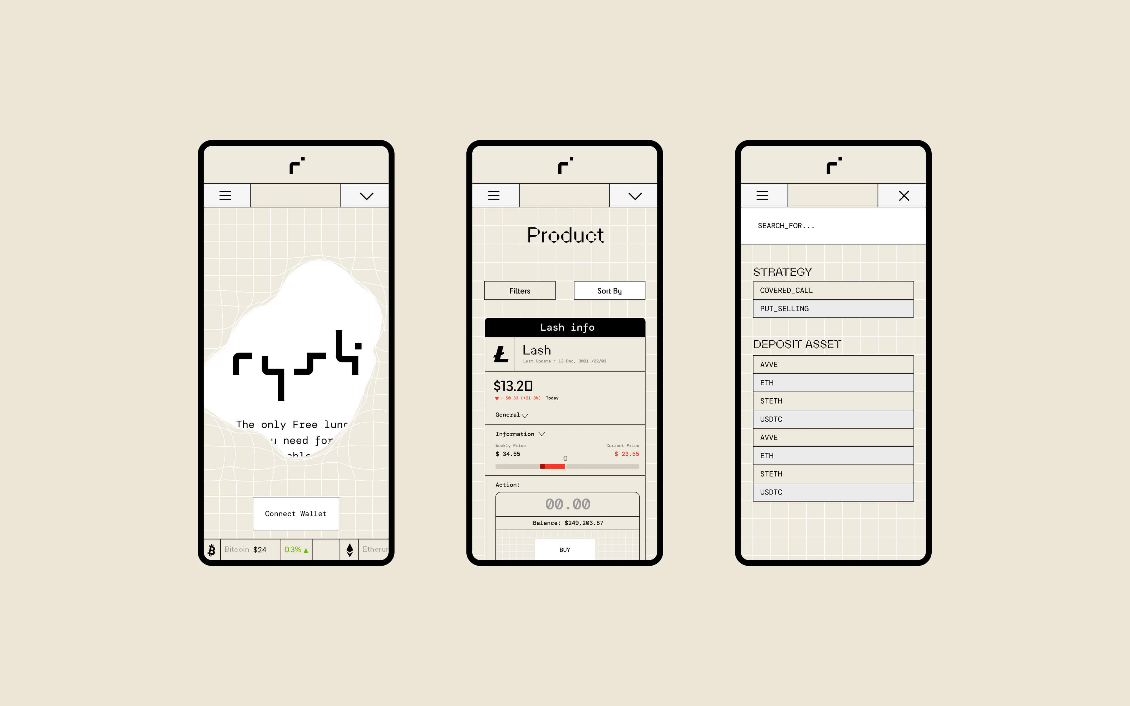 Rysk mobile app: wallet, product and account screens