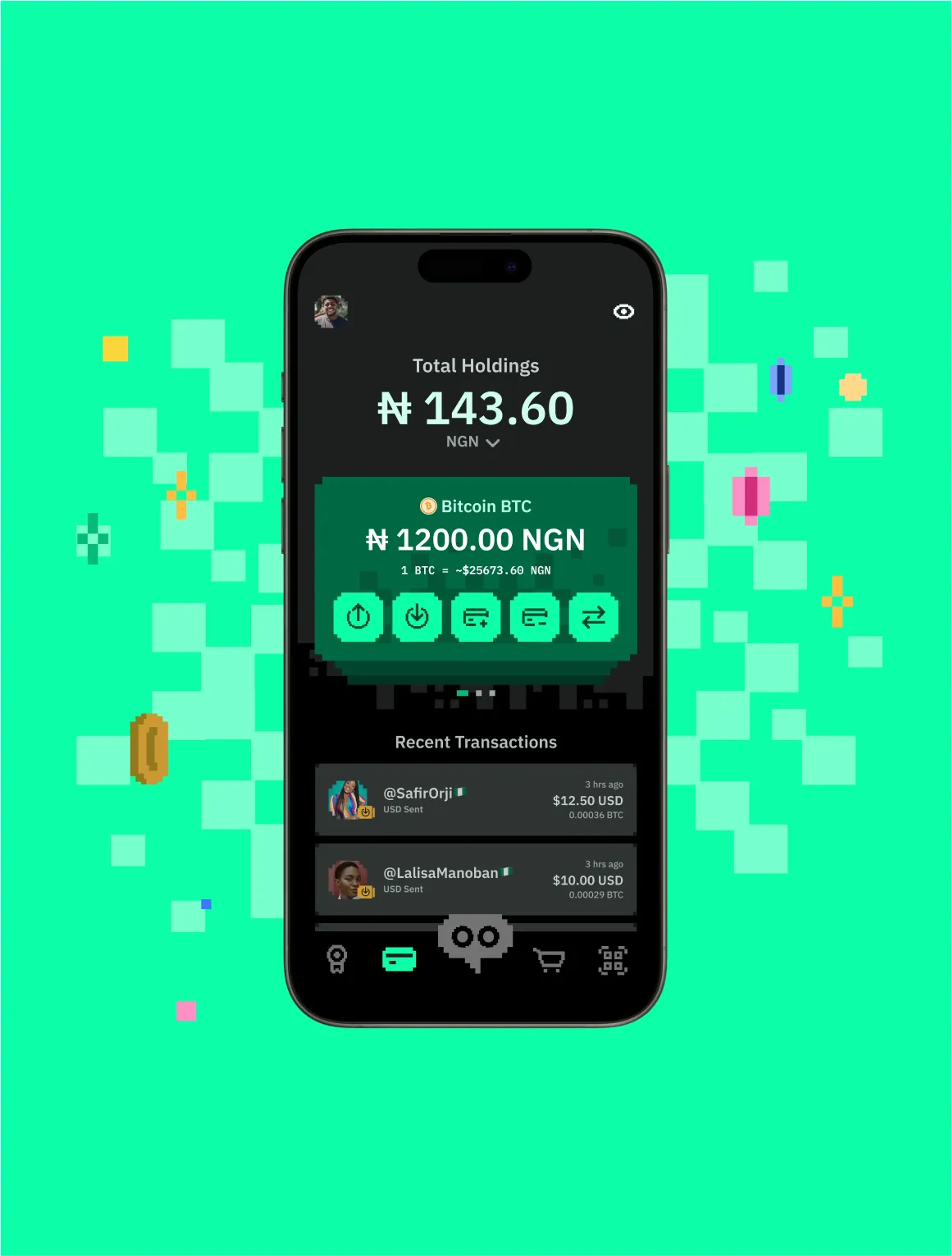 Noones app wallet screen in pixel-art green, Bitcoin super app by Alexis Bardini