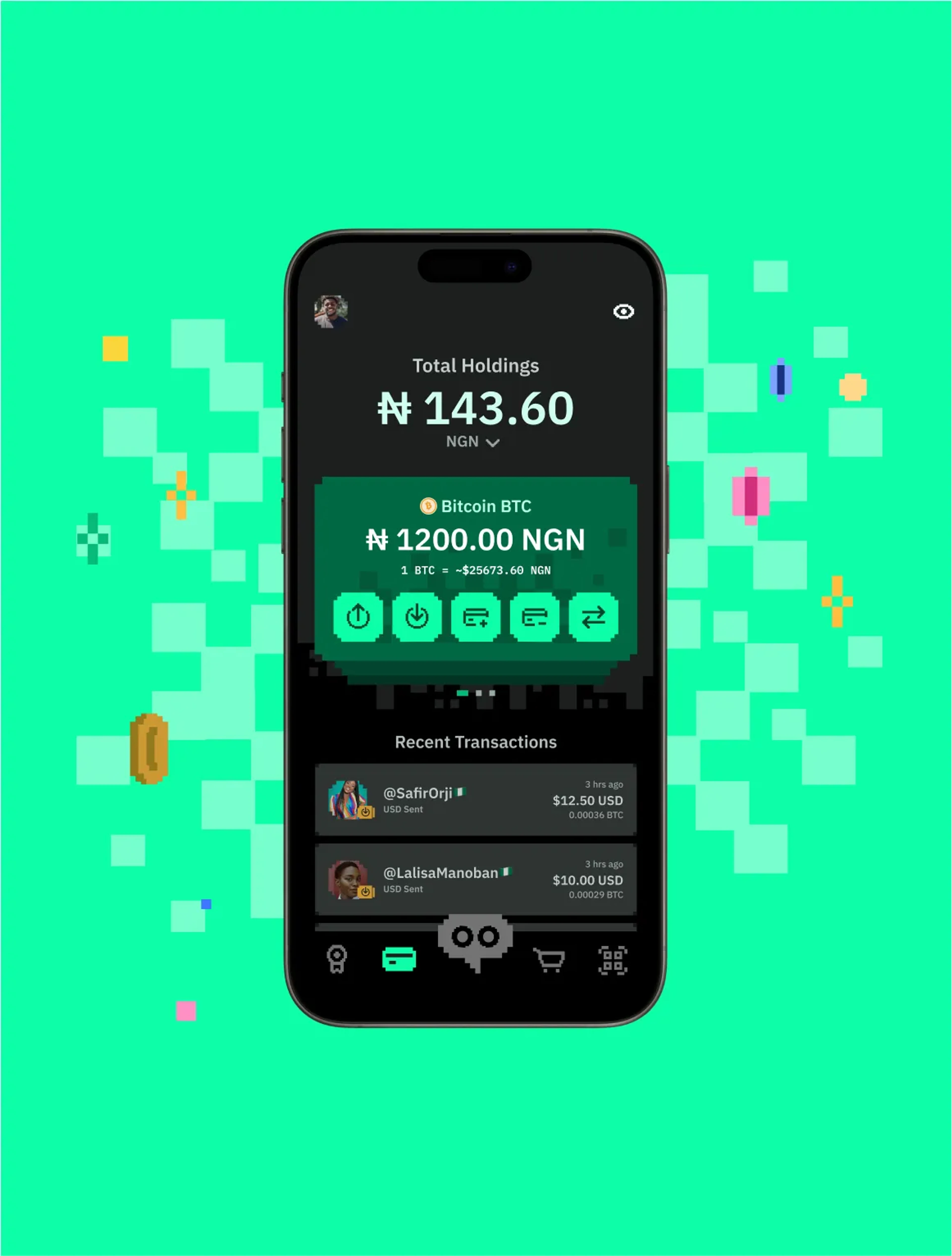 Noones app wallet screen in pixel-art green, Bitcoin super app by Alexis Bardini