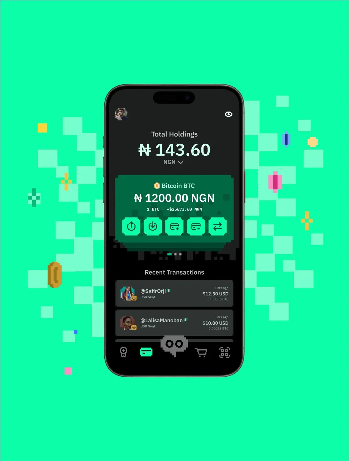 Noones app wallet screen in pixel-art green, Bitcoin super app by Alexis Bardini