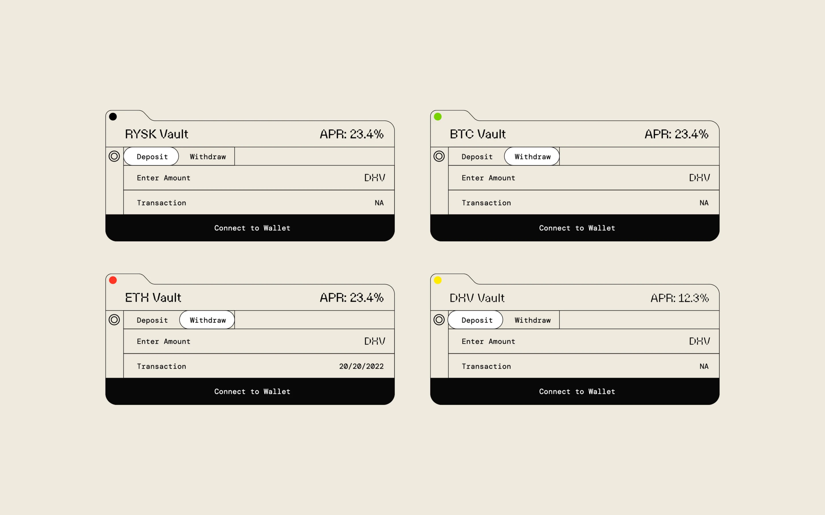 Rysk vault cards: APR, deposits and asset detail