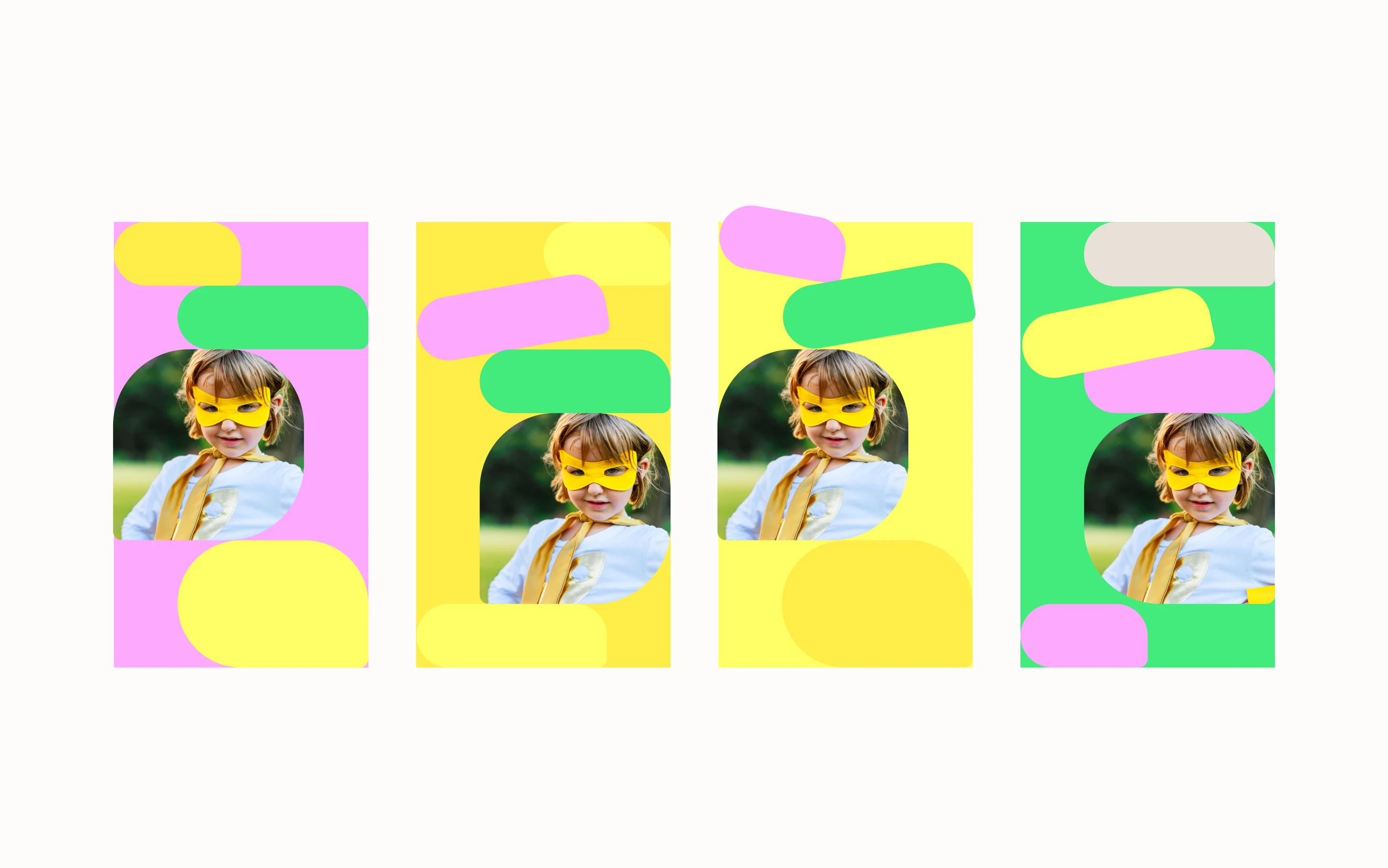 Nova social grid: story cards in the brand's pink, green and yellow