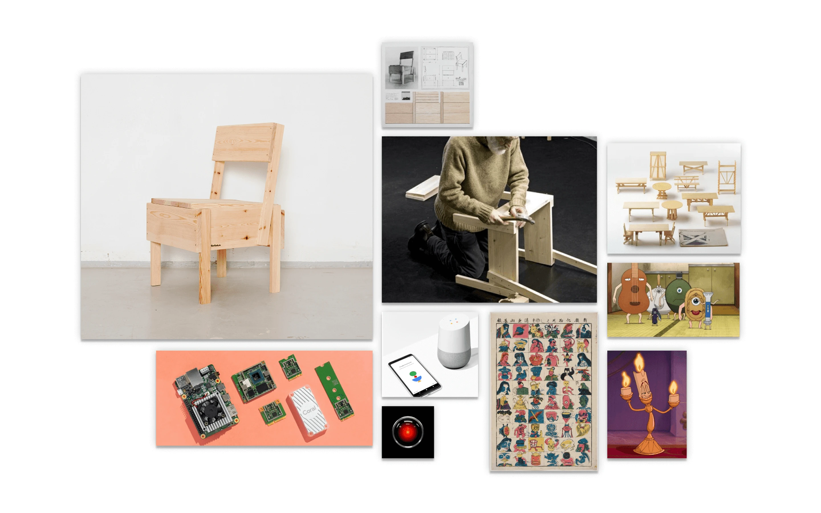 Sedia_2 moodboard: Enzo Mari's Autoprogettazione chair, edge computing boards and voice assistant references