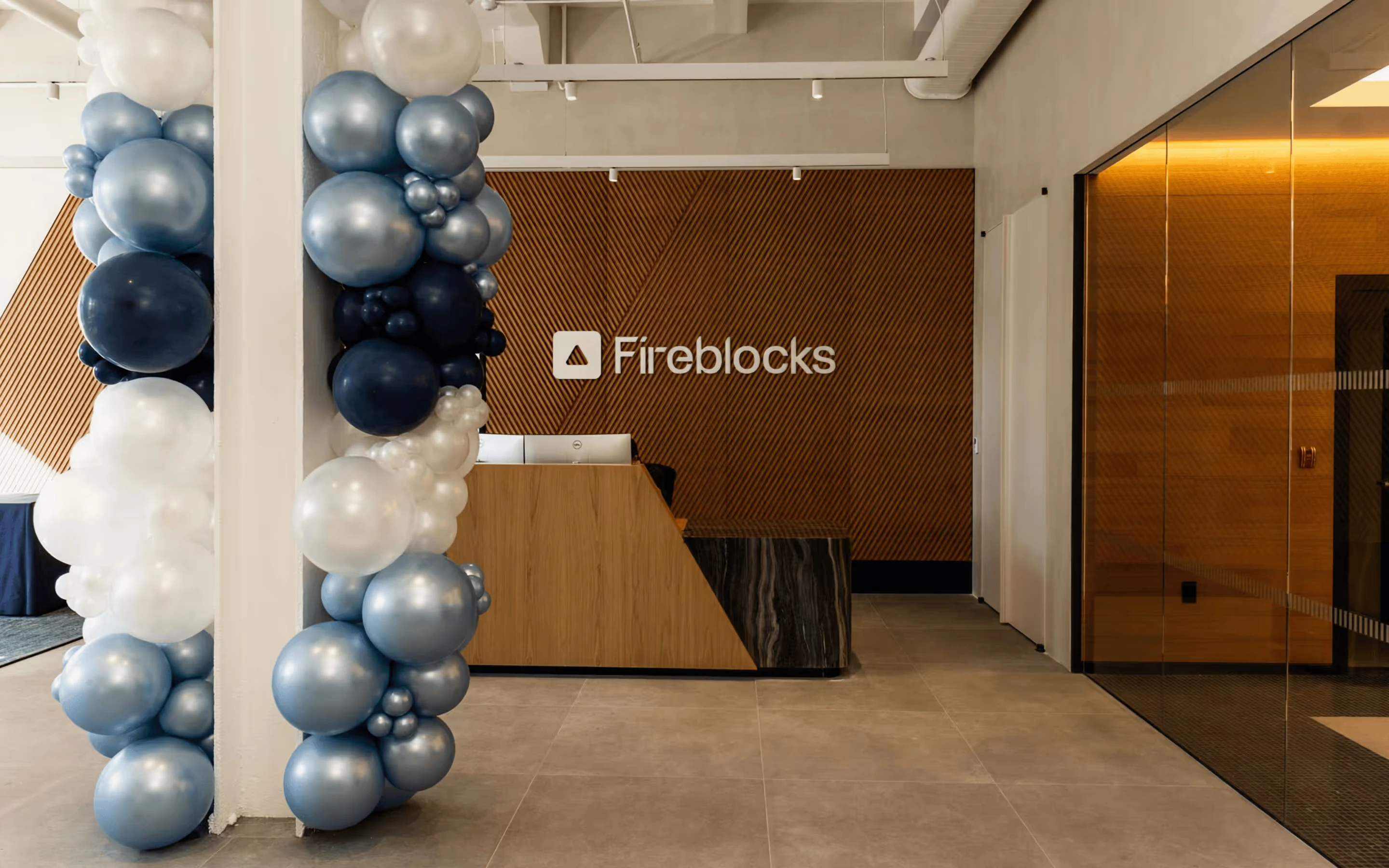 Fireblocks event entrance with branded balloon installation