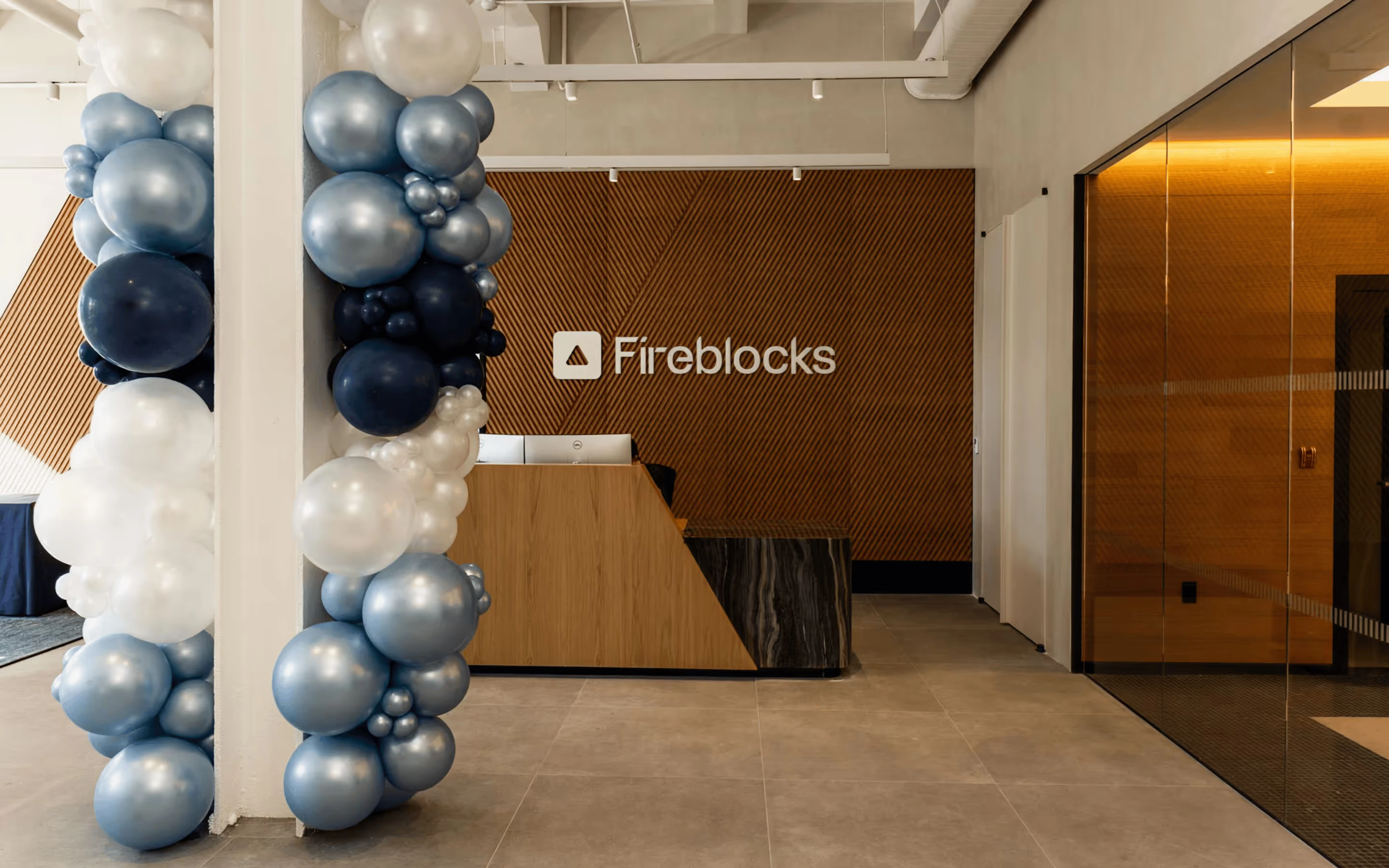 Fireblocks event entrance with branded balloon installation